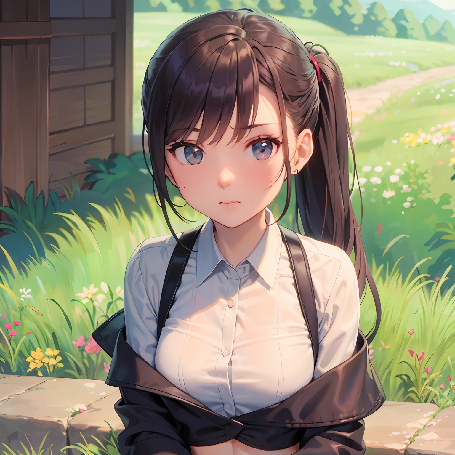 Wearing a crop top JK suit，Tie the ponytail with a red rubber band，A shy and blushing two-dimensional girl --auto