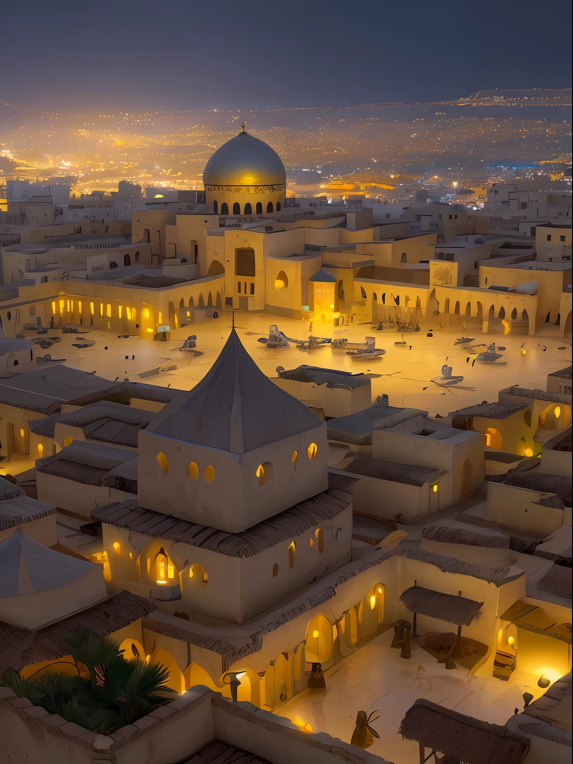 vista arafed de un pueblo con muchas luces en los edificios, Dream Arab village, amazing wallpaper, foto hiperrealista de un pueblo, Ancient Arab people, ciudad libanesa, por Raymond Han, tarde lluviosa , Ancient Arab Cyberpunk Castle, edificios bellamente iluminados, en la noche durante la lluvia, Beautiful and Aesthetic, Cinematographer, kinematics, 8k, alto detalle ((Heavy rain)))