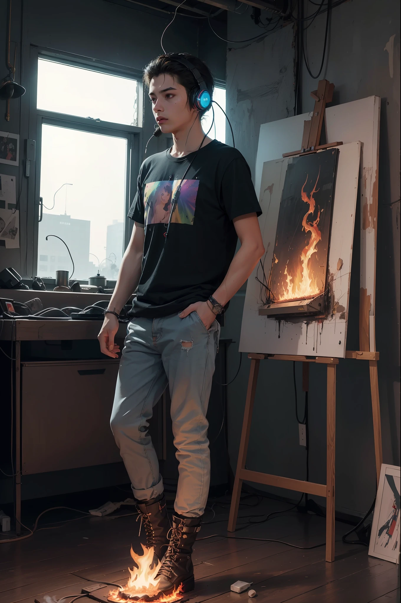 (Masterpiece, Best Quality, High Resolution, Absurd, Detailed: 1.2), Humanoid, Wearing Headphones, Looking Away, (Cyberpunk, Art Canvas, Brush, Easel, Rainbow Colors, Holographic: 1.6), Male European, wear in black round neck plain Tee-shirt, (Cable, Wire, Flame, Fire, Smoke, Overheating, Explosion, Indoor, Room, Simple Background) black boots,