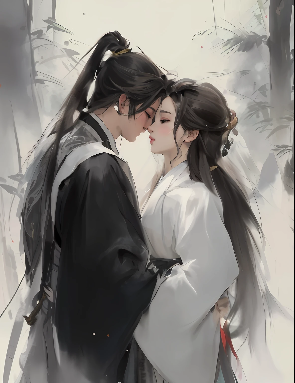 Image of Arafad hugging a couple in a white dress, by Yang J, Guviz-style artwork, Guviz, by Ye Xin, By Li Song, author:Zhou Fang, Wuxia, author:Tang Yifen, flowing hair and long robes, author:Qu Leilei, author:Wang Yi, author:Zhang Han