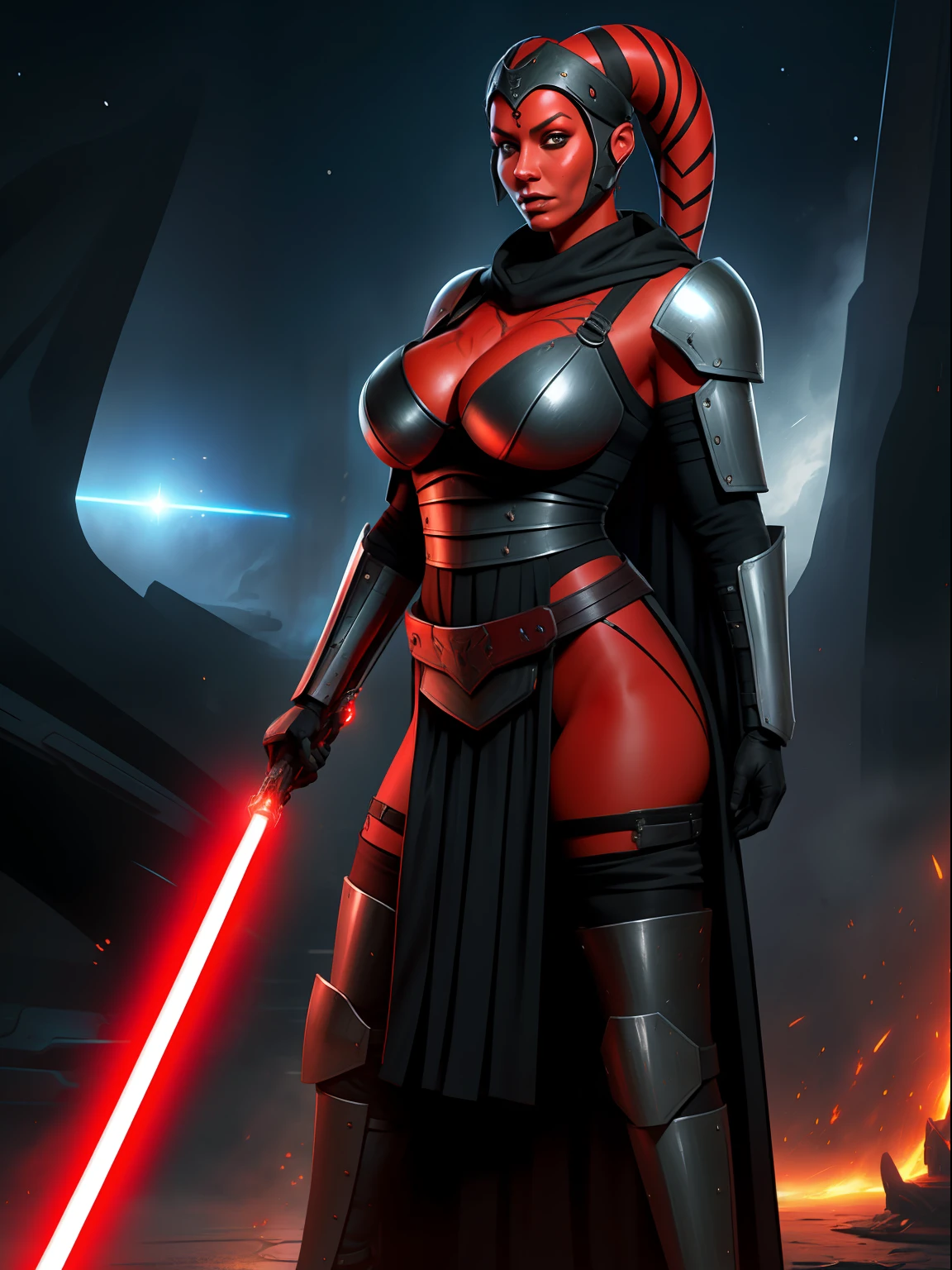 armor, busty, ((red skin), twi'lek), dual red lightsabers, evil space knight, space ninja, (wearing heavy black armor, robes, black stealth armor, breastplate, tunic, tabard, cowl, cloak, body glove, straps, buckles, skirts, long sleeves, fantasy, ((armor))), ((busty), slender body, thin, slim sexy body, slim waist, ((gigantic breasts))), Imperial starship, Star Wars,
