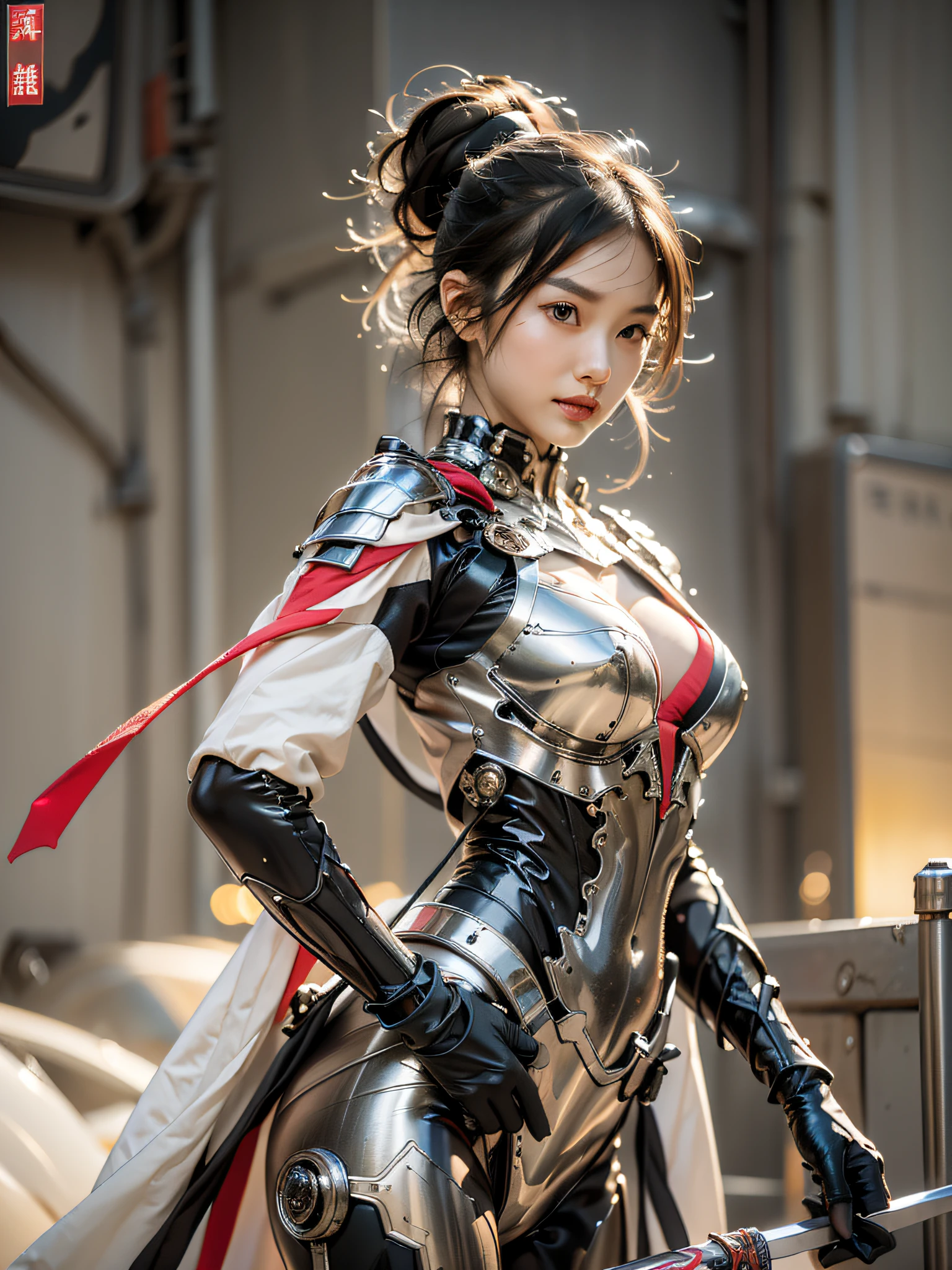 Best quality at best，tmasterpiece，超高分辨率，（真实感:1.4）,（sword1.2），Detailed details,1girll,Combat posture,cleavage，a beauty girl，Hand-held weapons，mechs，A mechanical，ellegance，Clear focus，gentlesoftlighting，vivd colour，tmasterpiece，