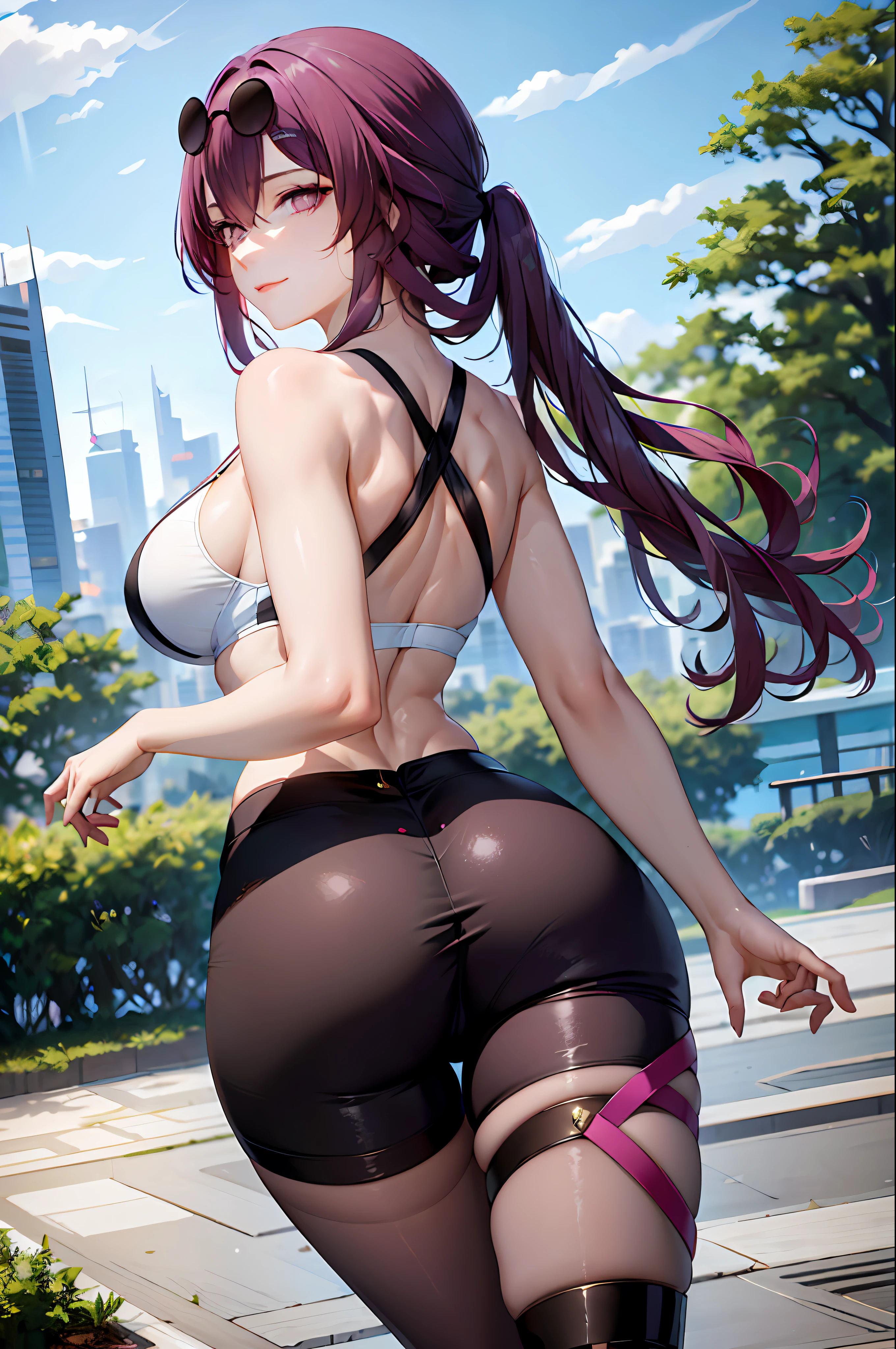 (masterpiece, best quality), high quality, absurdres, highres, ultra detailed, intricate, beautiful woman, 1girl, kafka \(honkai: star rail\), star-kafka, looking at viewer, from behind, looking back, ass, toned, sports bra, leggings, high-waist pants, yoga pants, purple hair, pink eyes, sunglasses, hair between eyes, eyewear on head, outdoors, science fiction, city,