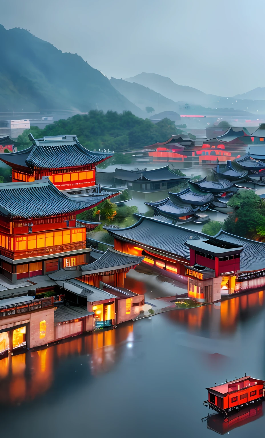 A fantastic Chinese town,Style blends new Chinese architecture and cyberpunk elements of wallpaper,Industrial park view on a rainy night,Raymond Korean style rainy night ancient Chinese castle,Beautifully designed and brightly lit building,It presents a beautiful artistic sense in the evening in the rain,8K high-detail photography photos,It shows the scene of rain flying,Surrounded by industrial buildings,The height of the multi-storey building reaches 24 meters,Modern,Overhead shooting,It has a feeling of ultra high definition