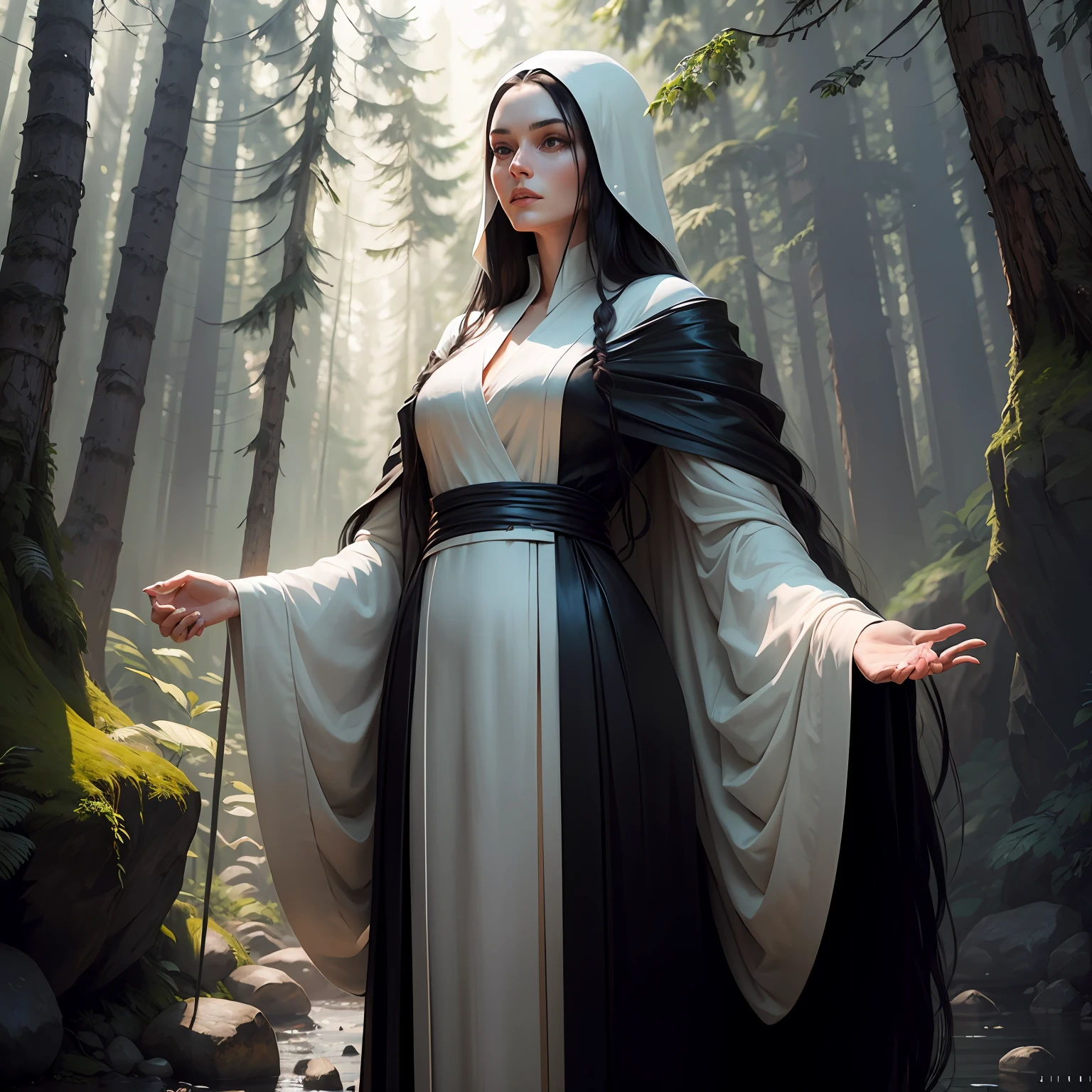a woman, in the woods, tall and thin, with long black hair. She was dressed in a long white robe, highly detailed, digital painting, artstation, concept art, sharp focus, 8k, pixart