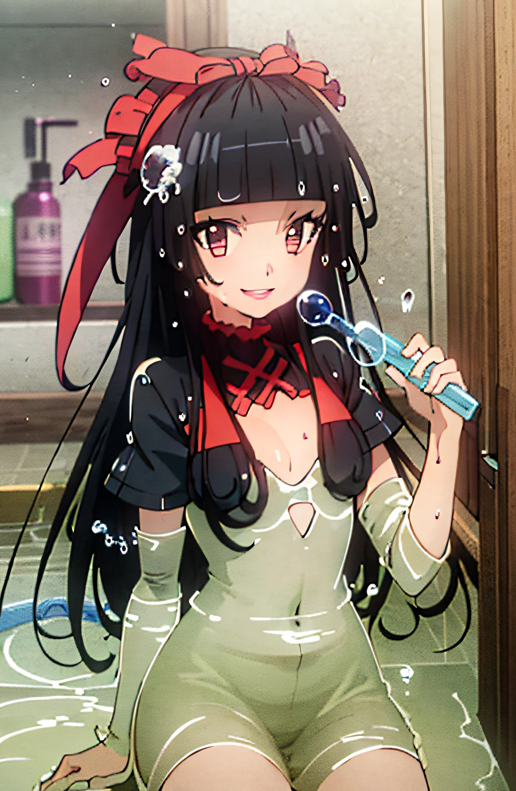 ((best quality)), ((highly detailed)), masterpiece, (detailed eyes, deep eyes), (1girl), full body, long hair, black hair, blunt bangs, red eyes, (red lips), small breasts, smile, (rnd1), (bubblebra, soap bubble, bubble, wet,,