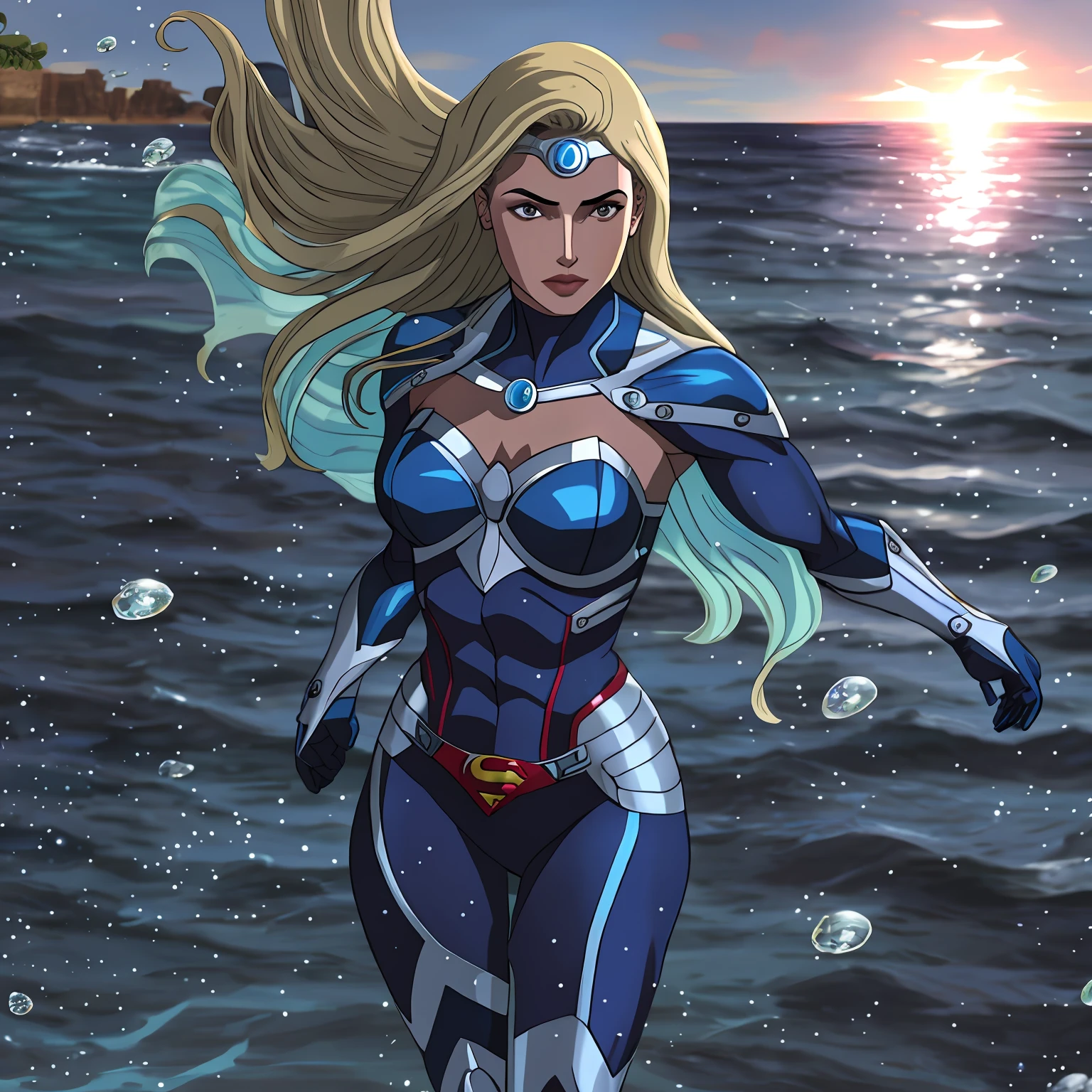 superheroine queen of oceans, cabelo branco, mulher musculosa, vestindo uma armadura pesada azul, poderosa, rosto bonito, deusa antiga, divindade moderna, aquatic character, personagem 2d, estilo quadrinhos, 8k