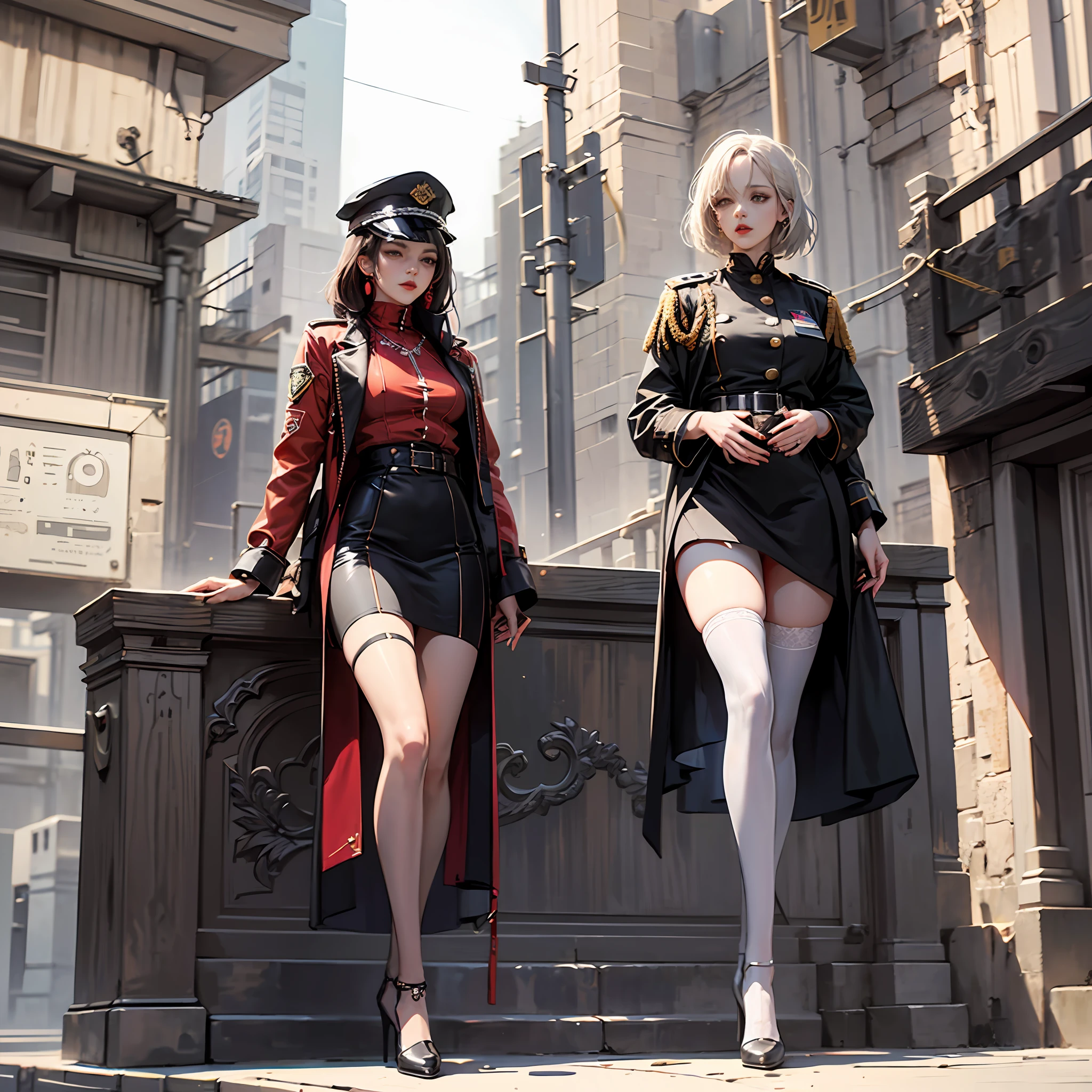 mannequin,Full body photo,HighestQuali,highest details,Perfect body proportions,The body is curvy,Delicate facial features,Red lip stain,Slim legs,Slender legs,The legs are graceful,(Stockings are worn all over the legs),(Light gray stockings),Wear light-colored high heels,Dressed in uniform,in a skirt --auto