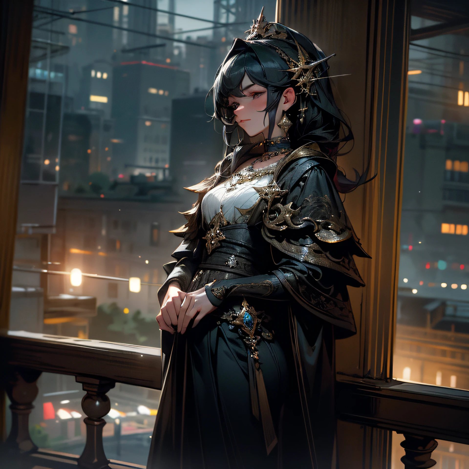A man stands in a tall building overlooking the city,best qualtiy,tmasterpiece,A high resolution,1girl,Porcelain skirt,hair adornments,choker necklace,jewely,beautiful face,Physically,dingdall effect,realisticlying,dark studio,edge lit,twotonelighting,(highdetailskin:1.2),8k uhd, dslr, softlighting, high high quality, volumettic light, sneak shot, photore, A high resolution, 4k, 8k, Background bokeh, --auto