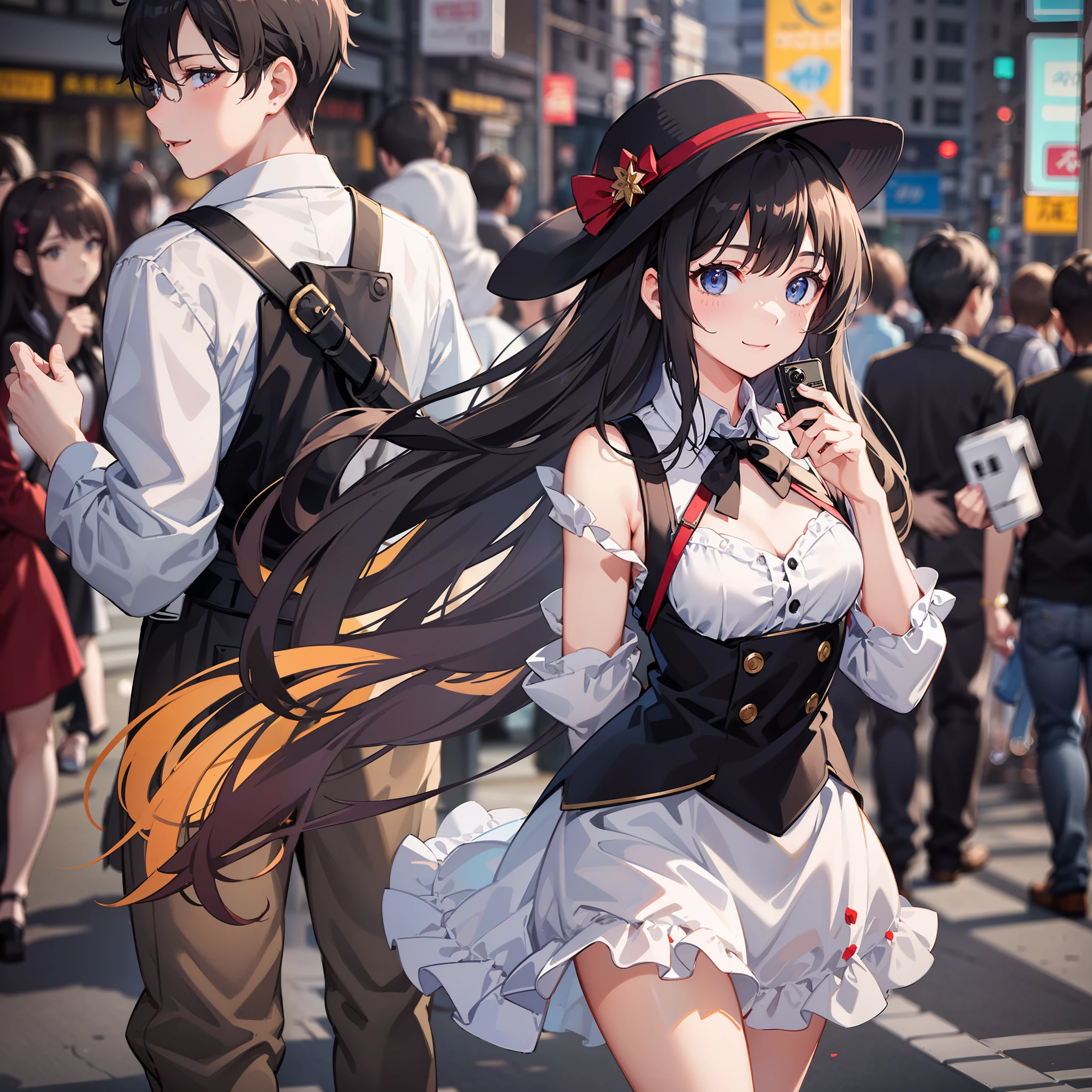 In this street photo，We see a young girl walking confidently on a busy street。

She wore a stylish dress，The skirt swayed lightly with her steps。Her long hair flowed，Dancing with the breeze。Her face was filled with a bright smile，Exudes youthful vitality。

The girl's eyes were bright，The gaze is focused and sharp。She holds a small camera in her hand，Hold on to every moment。She takes pleasure in photography，He has a keen eye for the beauty and details around him。

The surrounding streets are filled with bustling crowds and diverse sights。People walked by in a hurry and rhythm，And she stopped，Searching intently for the moment that touched her heart。

She snapped an affectionate hug from a couple，Capture the happy smile on their faces；She recorded a cool performance by a street performer，The expression is full of passion and freedom；She fixed an old man's thoughtful look，Reveal the vicissitudes and wisdom of the years。