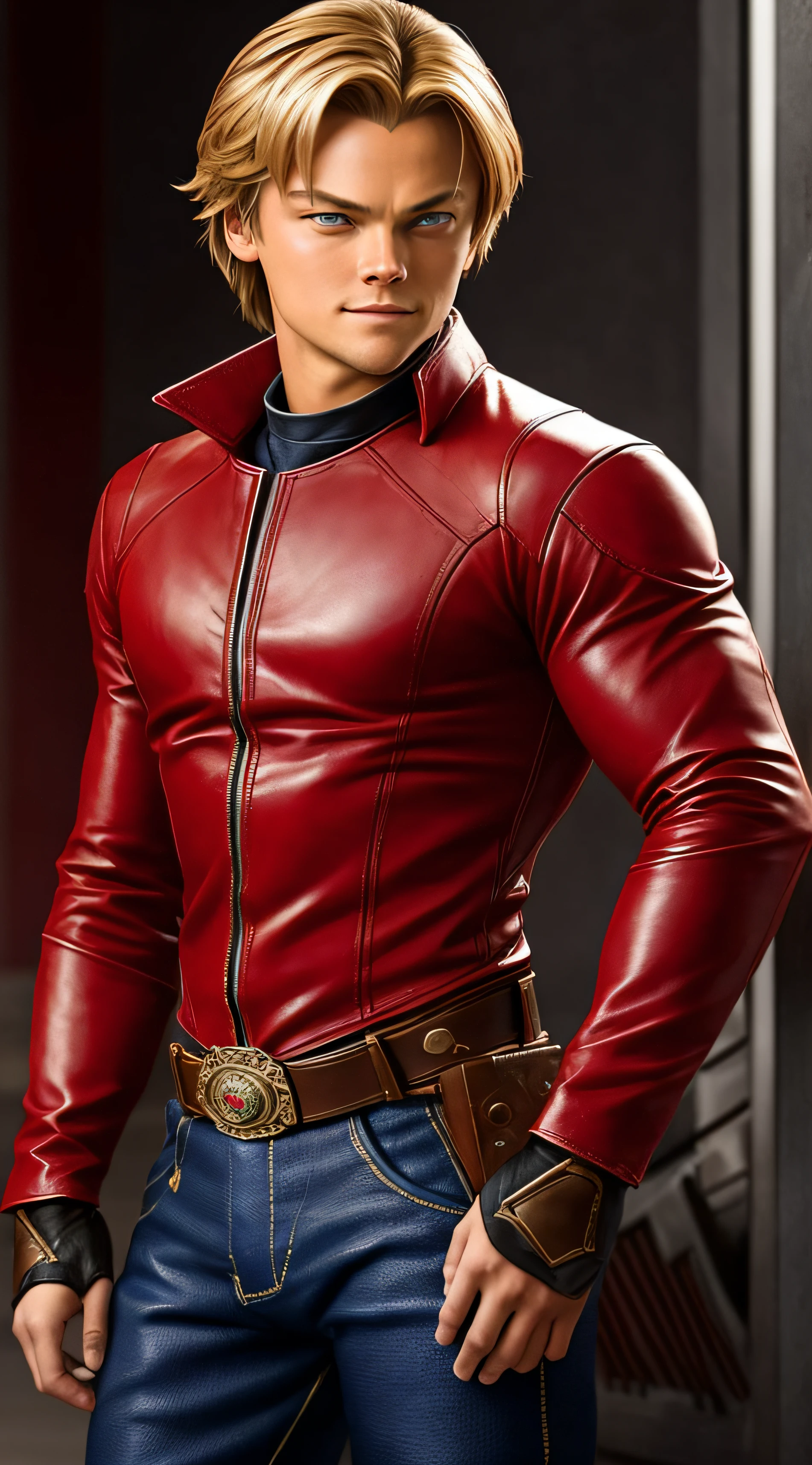 Leonardo Di Caprio as Ken Masters(masterpiece, best quality: 1.2), cowboy shot, solo, male focus, 1boy, muscular male, smile, arms crossed, red dougi, pants, fingerless gloves --auto