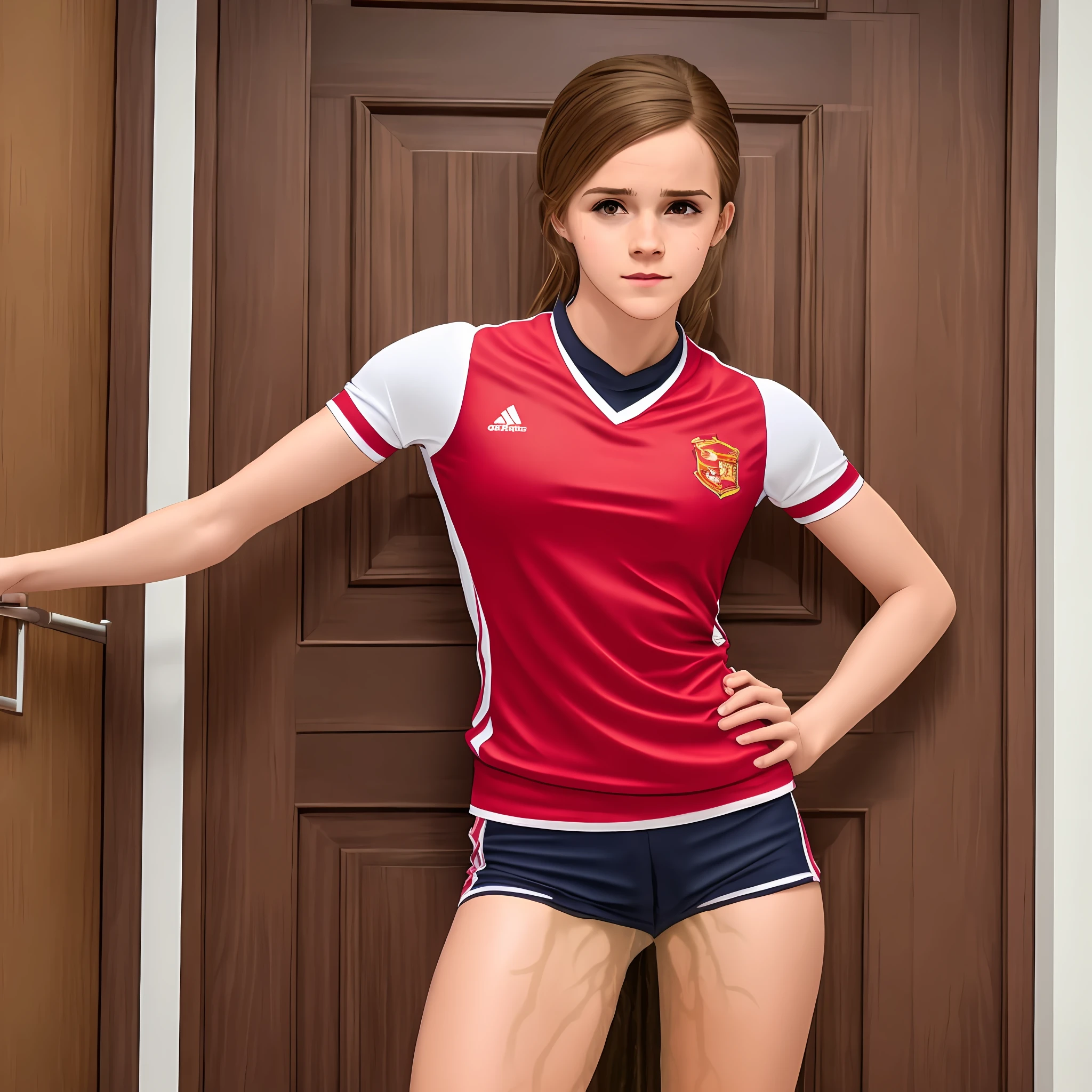 4K, best quality, fotorealistisch, Emma Watson, im roten Sportanzug, sportliche Karosserie, Griffindor Sport Uniform, Sportbekleidung, standing in front of a door, Locked toilet door, Need to pee, Urgent need to pee, Schritt halten, Warten auf das Klo, Ich kann es nicht mehr halten, full entire body, gestresst, Schritt halten, 1girls, Enge Sportuniform, pee running down her legs, visibly wet pants, dark wet stain on pants, peeing herself, tears in face, wetting herself, pee pouring out her pants