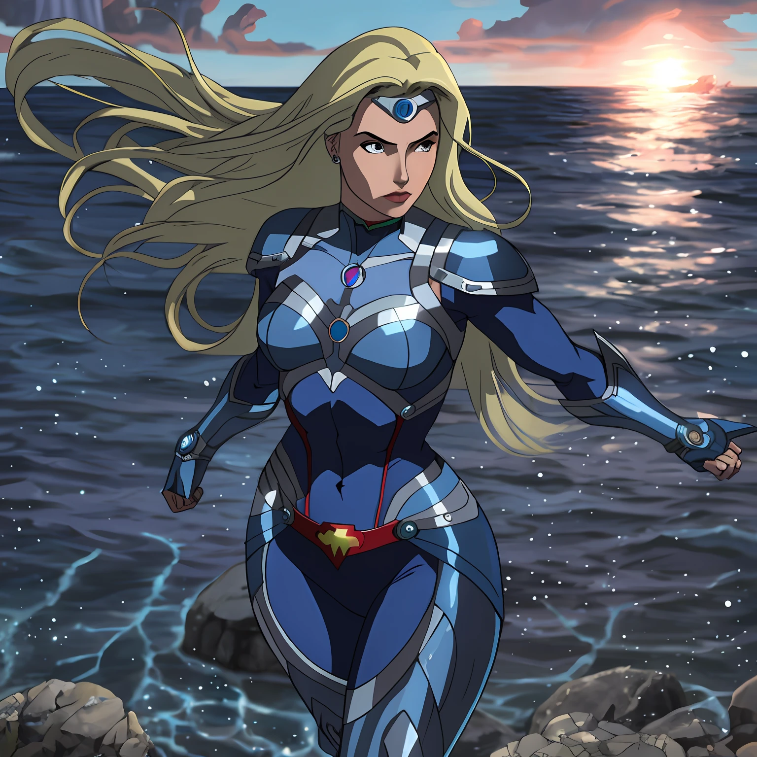 superheroine queen of oceans, cabelo branco, mulher musculosa, vestindo uma armadura pesada azul, poderosa, rosto bonito, deusa antiga, divindade moderna, aquatic character, personagem 2d, estilo quadrinhos, 8k