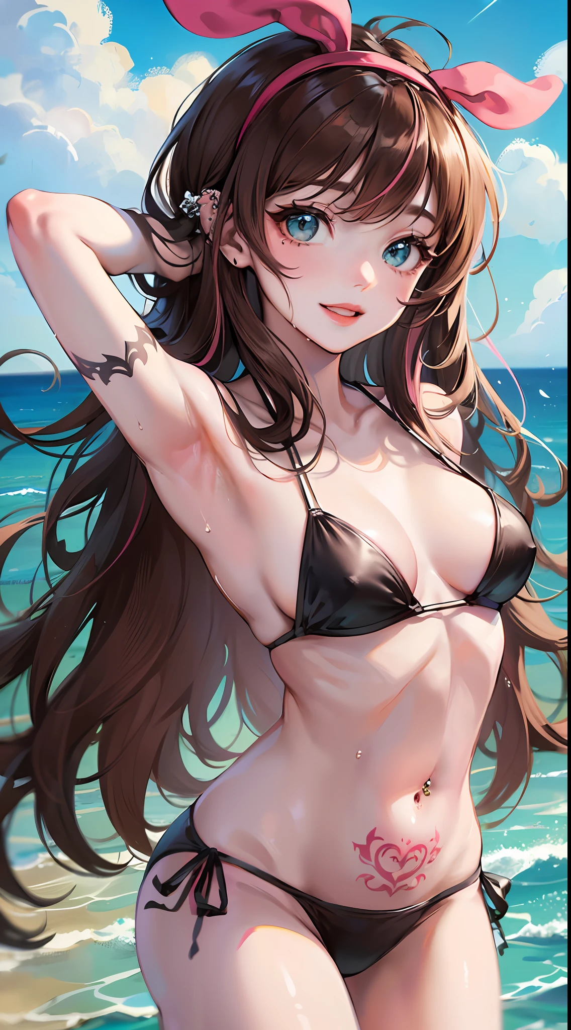 (Best quality, 8k, 32k, Masterpiece, UHD:1.2), kizuna ai, small breasts,long hair, brown hair, multicolored hair, hair tied, pink hairband, pink highlights, streaked hair, smiling, bikini, ocean, wet, blue eyes, navel piercing, tattoo on stomach, multiple tattoos,