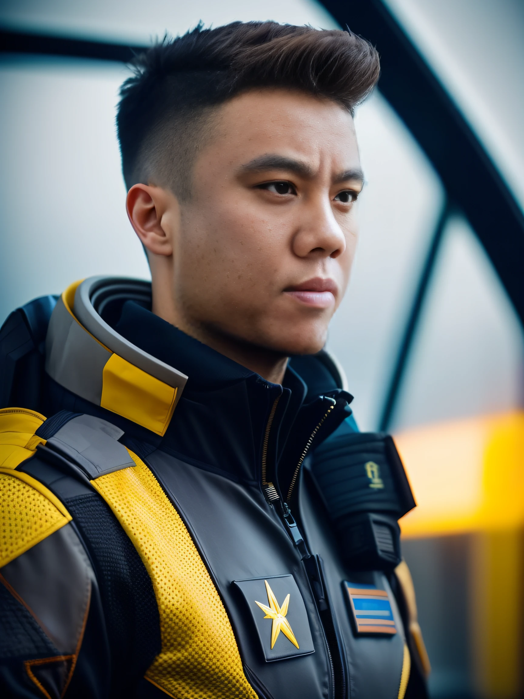 fking_scifi, award-winning photo of a man, black flight suit with yellow accents, brown hair, (gray eyes:1.35), square jawline, asymmetric face, standing in front of a window on a space ship, 80mm, bokeh, mass effect, close up, fking_cinema_v2