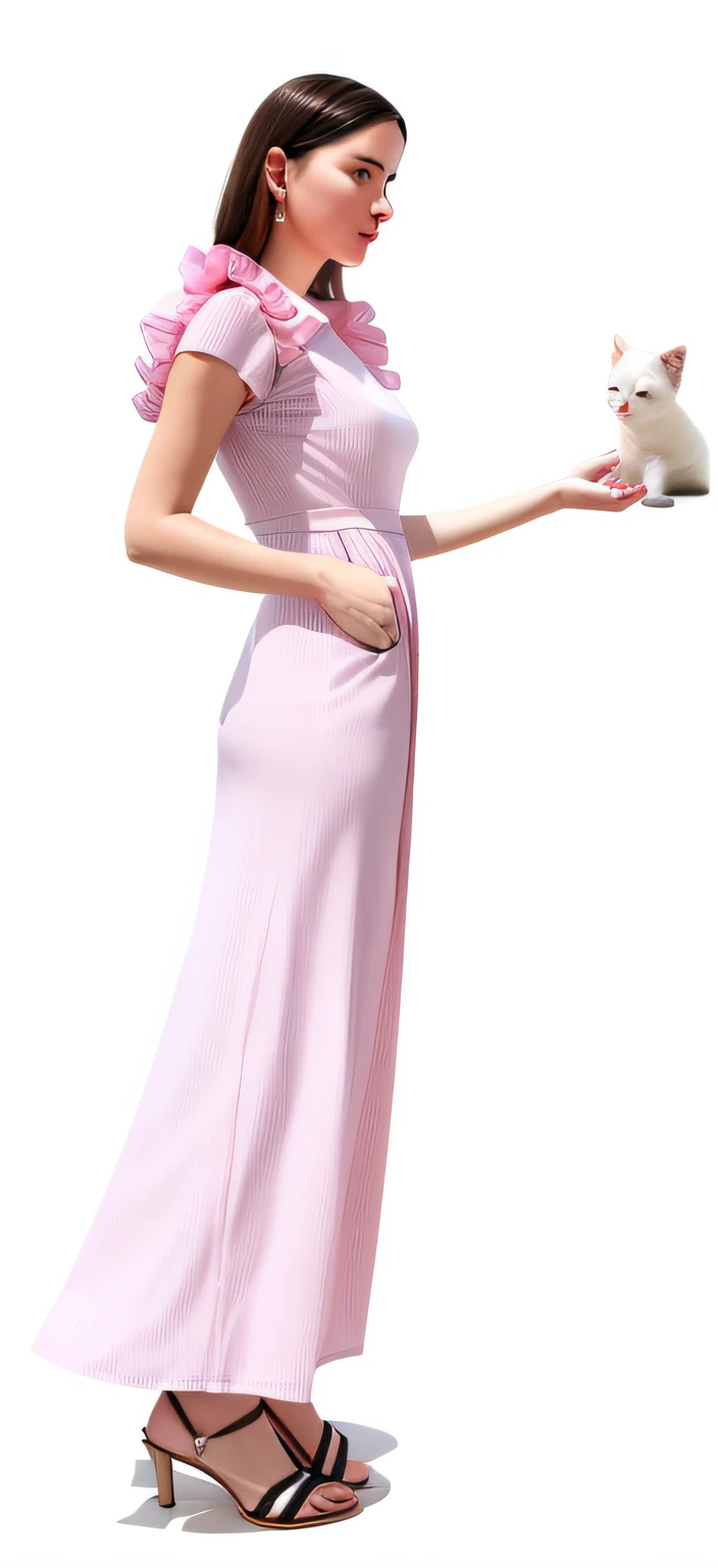 a drawing,A woman in a white dress and pink shirt, inspired by Giambattista Pittoni, absurdist wiggly blob in a dress, white cat in a pink dress, Inspired by Pierre-Joseph Redute, Image of a woman in an extra-long dress, Inspired by Ross Enriquez, Inspired by Ayagoda, white and pink