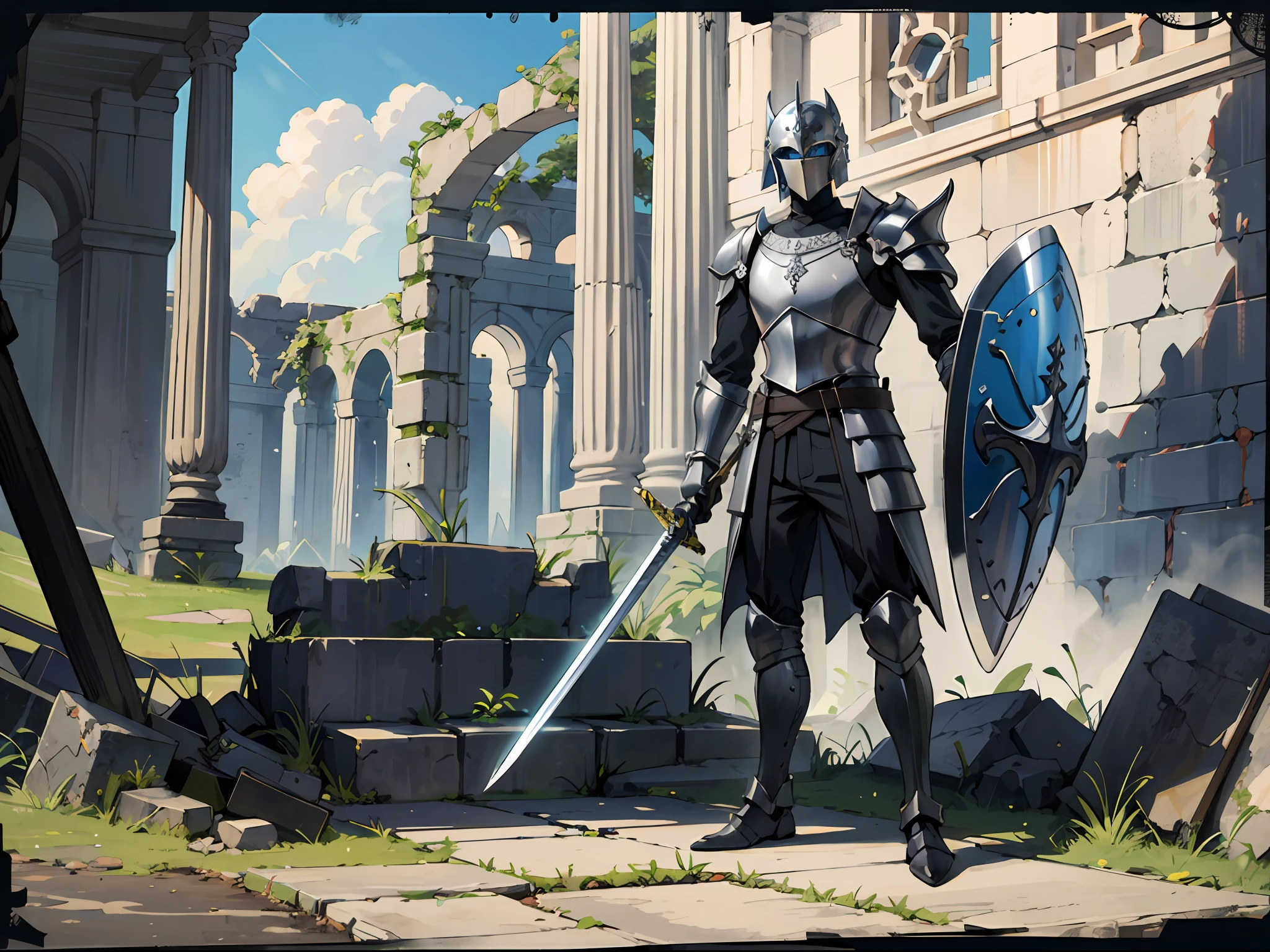 full body armors,Warriors,male people,solo person,Gothic helmet,holdingsword,Holding a shield,Card standing drawing,Ancient ruins stone ruins background
