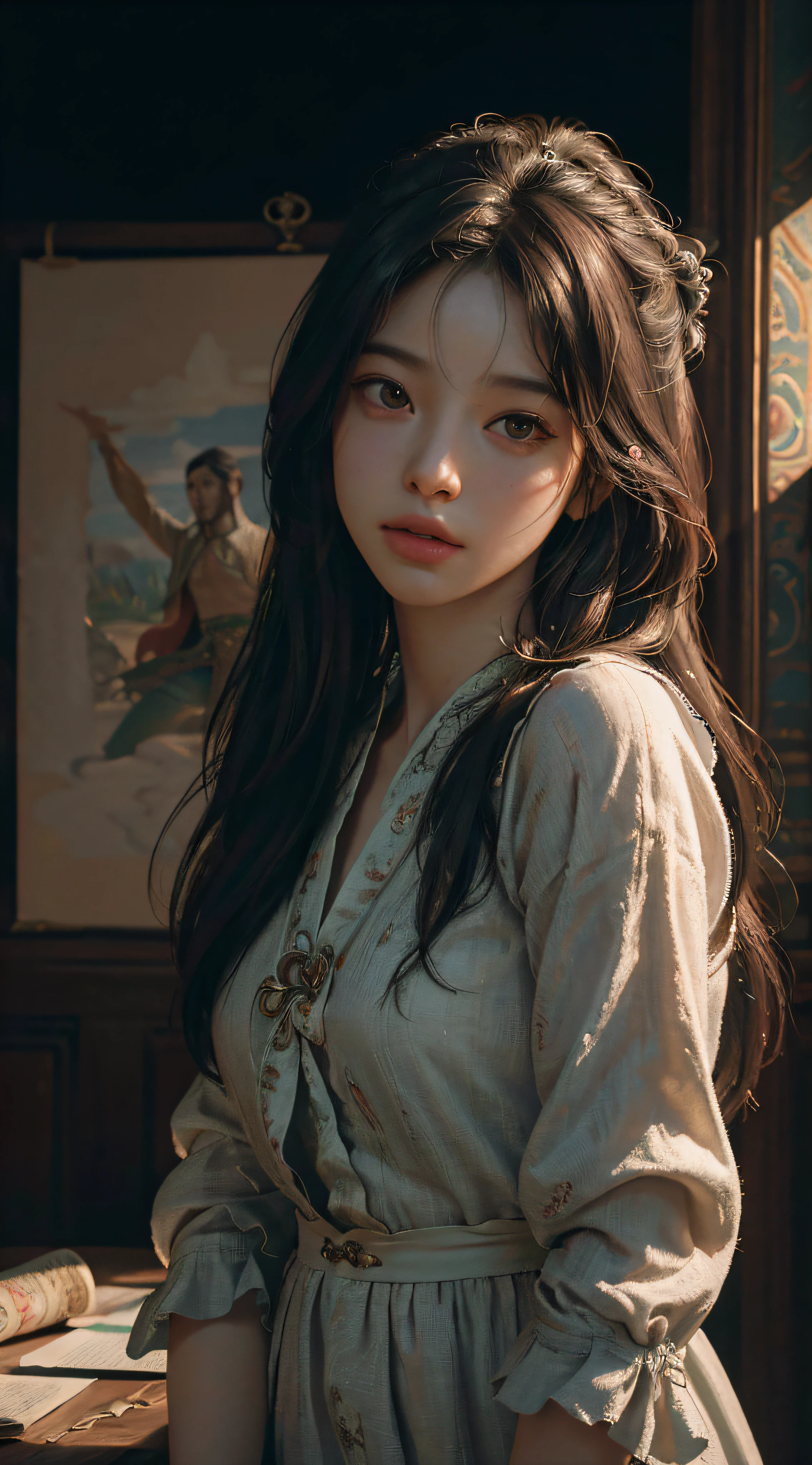 (RAW photo, best quality), (realistic, photo-realistic:1.3),best quality,highly detailed,masterpiece,ultra-detailed,illustration,1girl,upper_body,dynamic angle,world masterpiece theater,messy_long_hair,best quality,extremely detailed CG unity 8k wallpaper,ink,Amazing,cinematic lighting,lens_flare, dunhuang_style
