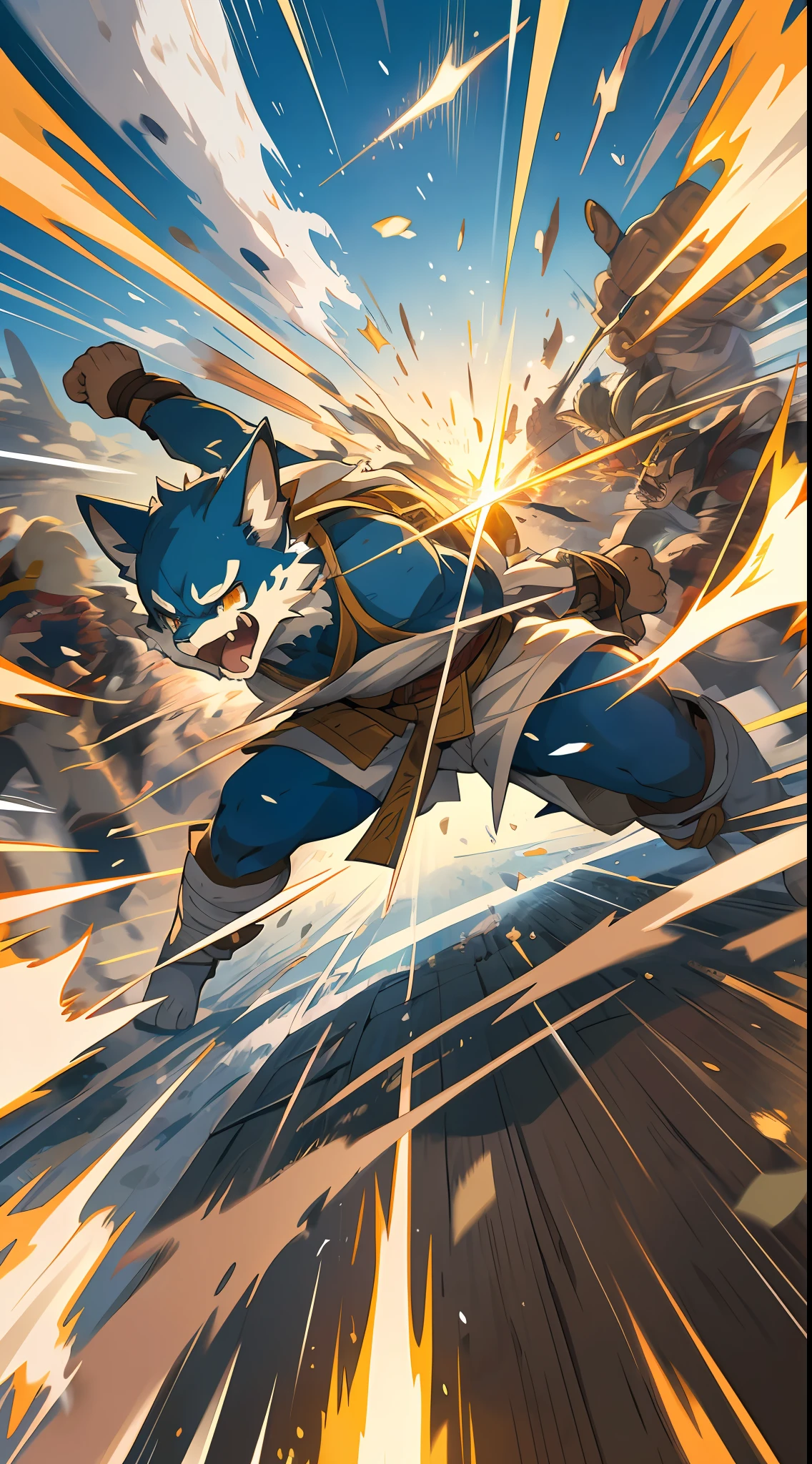 top quality, high-quality illustrations((masterpiece))An extreme perspective with a powerful composition, depth of field, motion blur, absurdres, Perfect Anatomy, magnificent picture of kemono fighting fierce battles, kemono, 1boy, solo focus, screaming, Anthro((dramatic))epic, weapon, dynamic pose, One scene of movie,