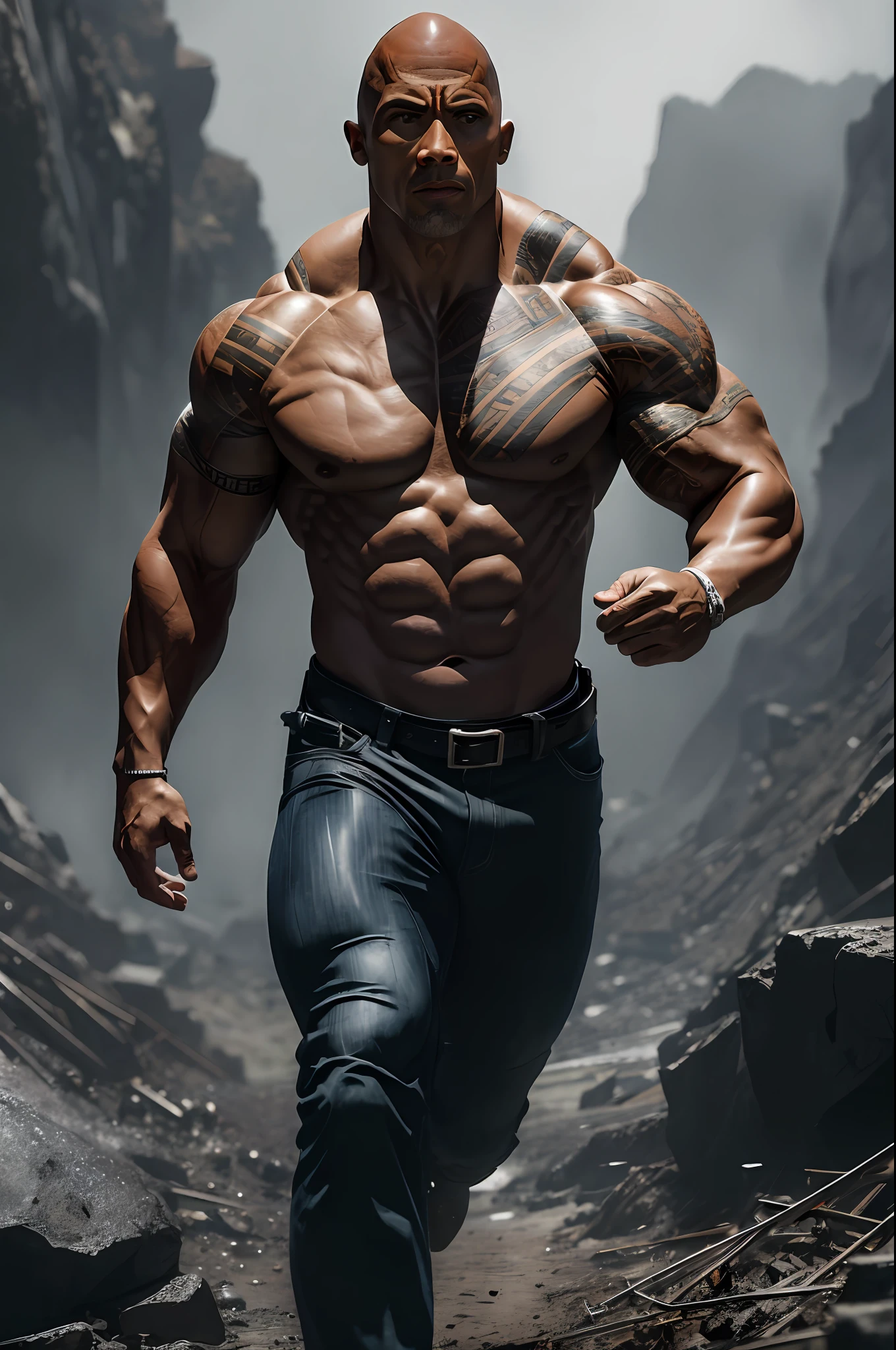 (16k, foto RAW, melhor qualidade, obra-prima: 1.2), ultra-detalhado, arte formal, foto realismo: 1.37, foto do corpo inteiro, (homem, beleza ,( Dwayne Johnson)film grain, heroi action pose ((Robin))detalhes
