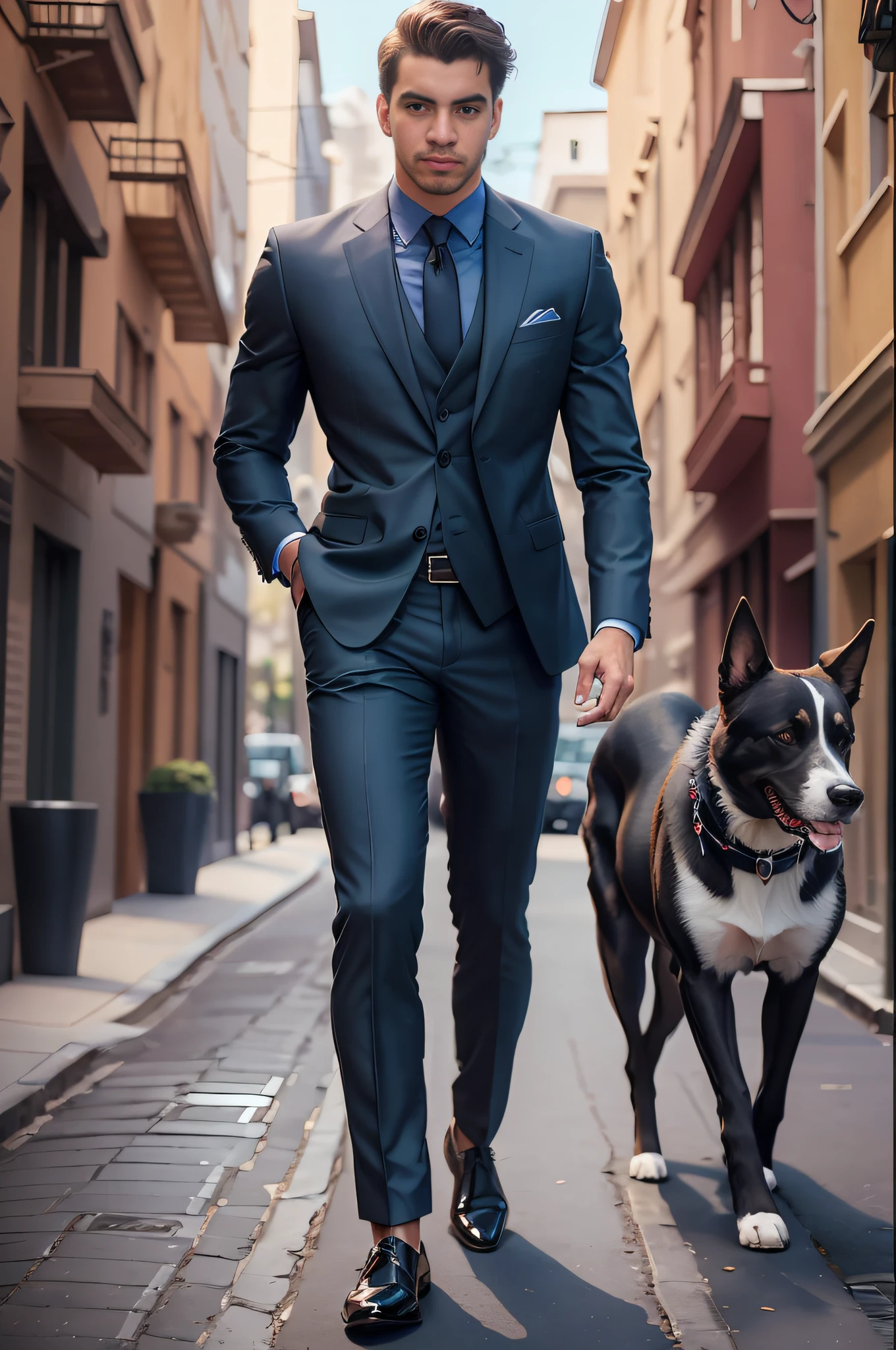 Homem de terno passeando com um cachorro em uma rua da cidade, homem bonito, bonito e elegante, cavalheiro, wearing a strict business suit, vestindo um terno masculino elegante, vestindo um terno elegante, bem - vestido, bem vestido, with a business suit on, wearing a business suit