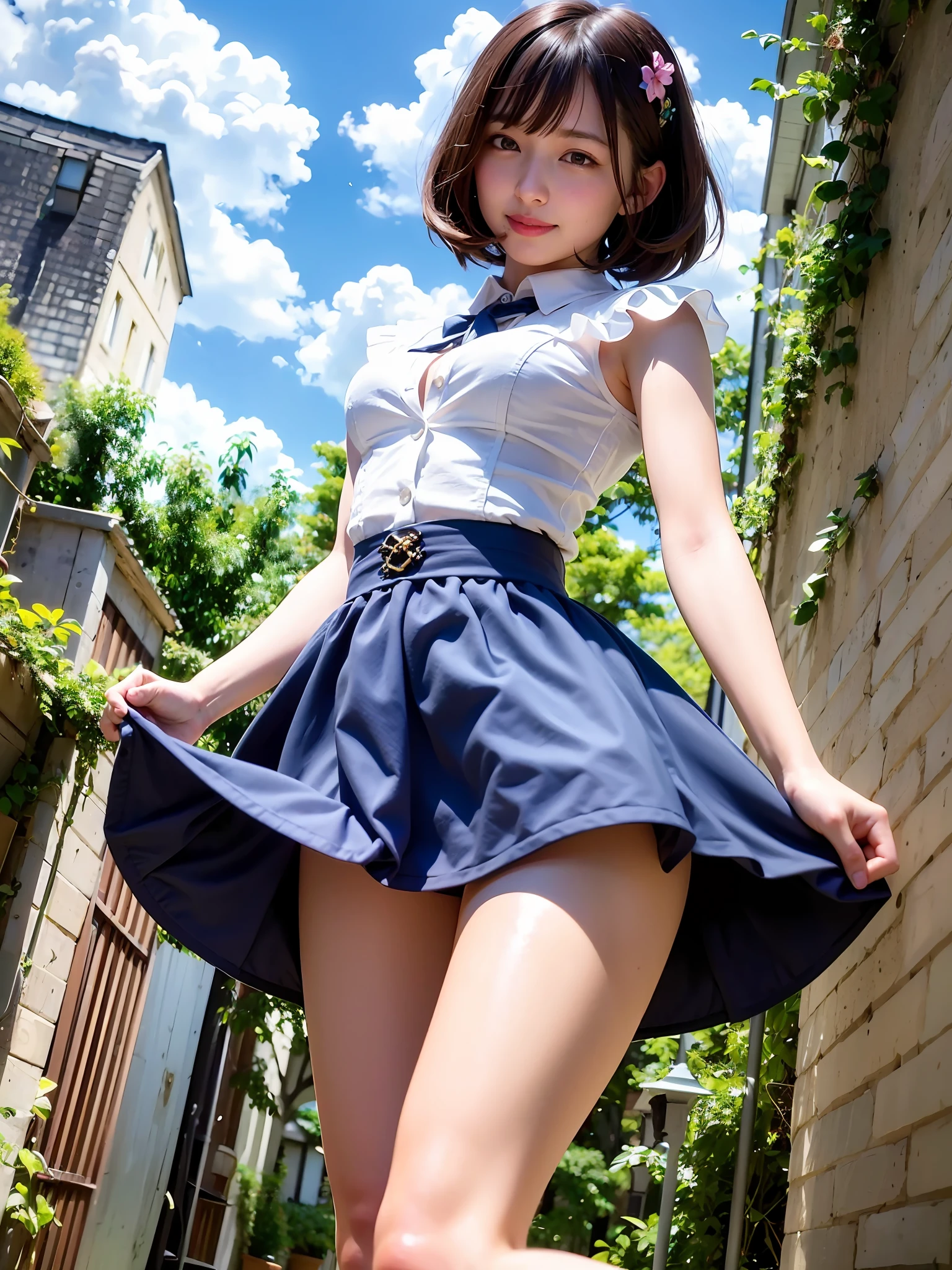 (dynamicposes:1.4), (dynamic ungle:1.4), Romper (细致背景:1.4)、hyper detailed background、(Floating light blue clouds:1.4)、(Floating blue flowers:1.4)、 Romper (perfect anatomia、perfect hand:1.4)、(Perfect five fingers:1.4)、(Perfect 4 long fingers and perfect short thumb:1.4)、(Thumb shorter than the other 4 fingers:1.4)、(Perfect two arms:1.4)、(Perfect two legs:1.4)、((top-quality、8K、masterpiece:1.3))、1girl in、A smile、full body Esbian、Slim Faces、Pretty women、(dark brown hair)、hyperdetailed face、A detailed eye、二重まぶた、blured background、Slim Faces、Cute、extremely delicate and beautiful girl、Happy smiling face、Overall、ultra-detailliert、4K、masutepiece、small mouth、Colossal tits、bura、Underpants、a short skirt,high waist skirt,high-necked,Sleeveless,bob cuts,long boots,ultra-detailliert, 4K, masutepiece,Smile,small mouth,white shirt、Skirts that show the body line、low angles、(pantyshot:1.1)、(skirt rift)、(skirt lift by yourself))、