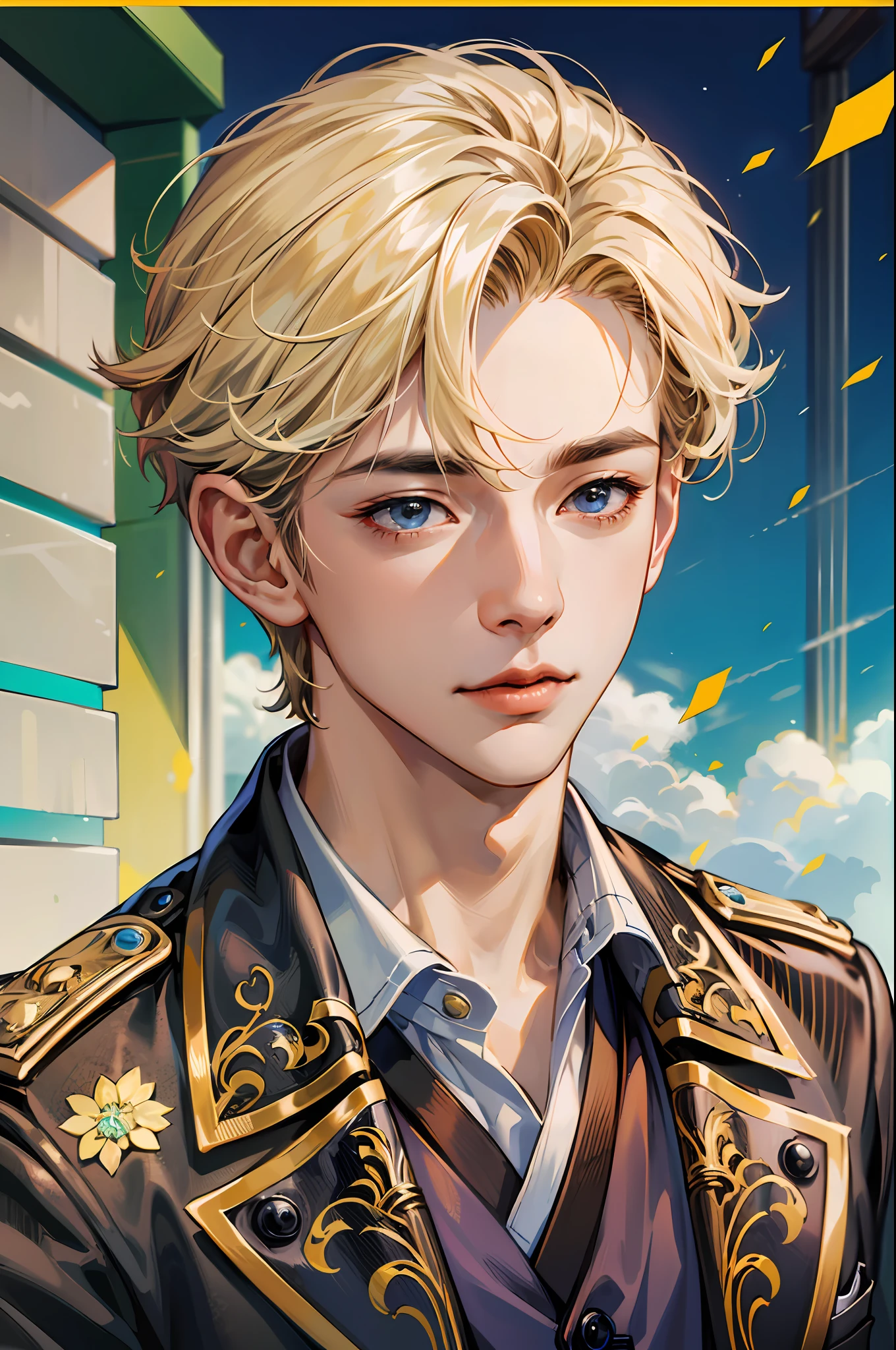 (absurderes、hight resolution、ultra-detailliert、nffsw)、​masterpiece、top-quality、1boy、a handsome、a blond、(shorth hair)、finely eye and detailed face、Black jacket、club