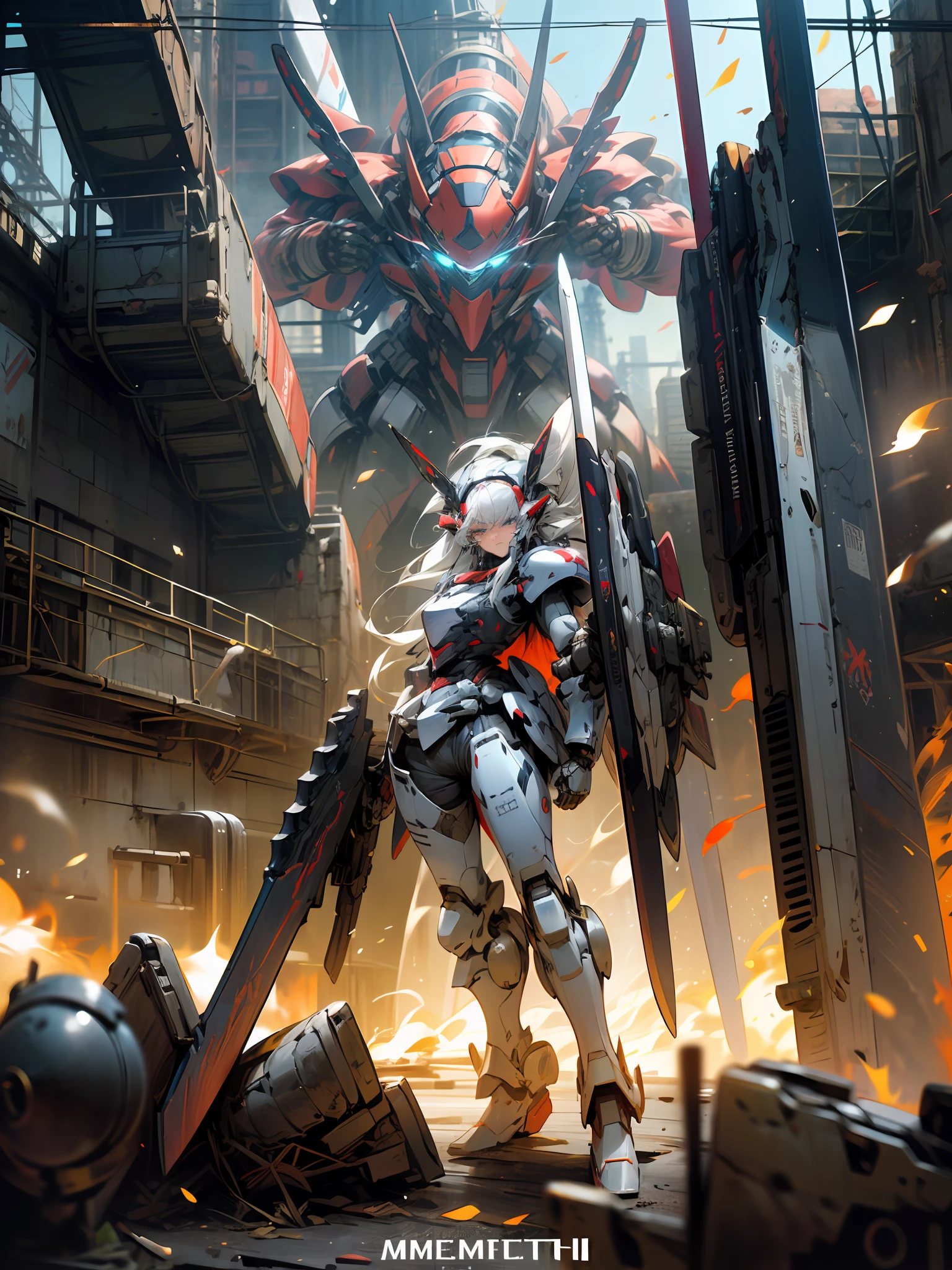 masterpiece, best quality, mecha, no humans, (full body), (black armor mecha:1.5), (Axisymmetric:1.4),(HDR), (cinematic light:1.1), blue eyes, science fiction, fire, laser canon beam, war, conflict, destroyed city background holding weapon,(holding huge weapon:1.5), holding Very large shield, mechagirl girl, --auto