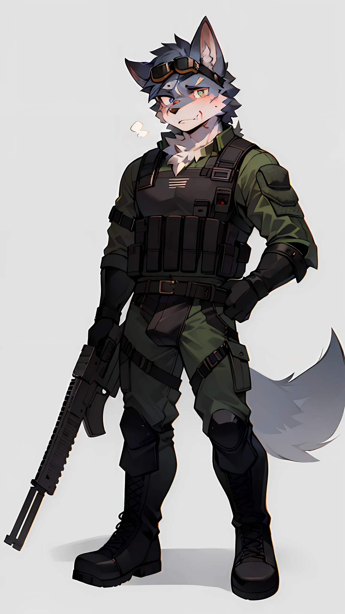 Gray fur，Male wolves，Character Focus Solo，hairy pubic，coda，Special forces uniforms，Body armor，army boots，The right hand is adjusting the goggles on the forehead，Assault rifle in his left hand，Sharp gaze，There is a scar on the right eye，Handsome，年轻