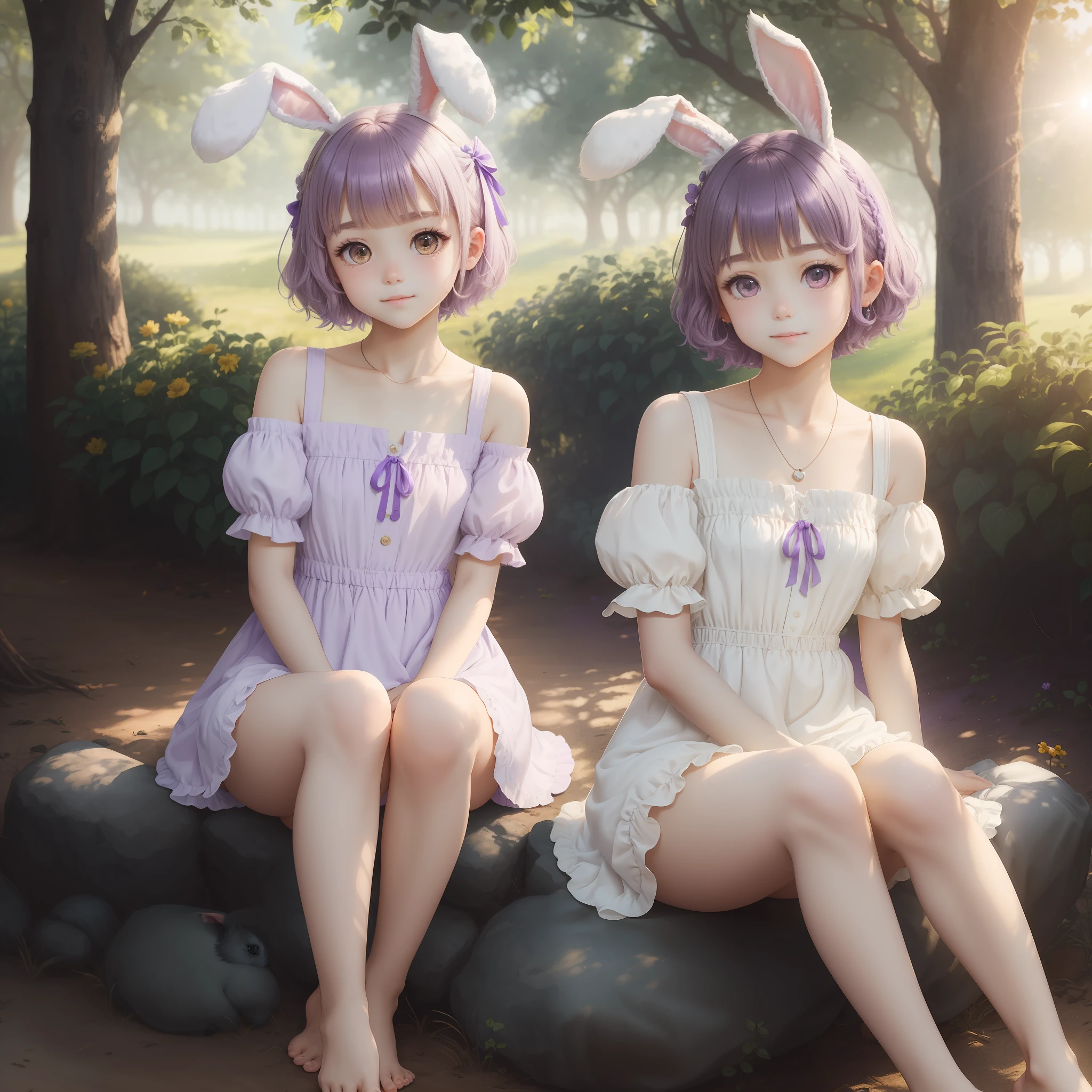 【Best picture quality】The best masterpiece in every detail, 15 years old petite girl solo animal ears bunny barefoot over knee dress sitting rabbit ears short sleeve audience watch breeding short hair purple hair soft purple eyes sleeves outdoor fluffy short sleeves bangs ground all over animal white clothes sunshine sunshine sunshine brown mottled sunlight, Best professional results, Best rendition，Such as movie scenes --auto