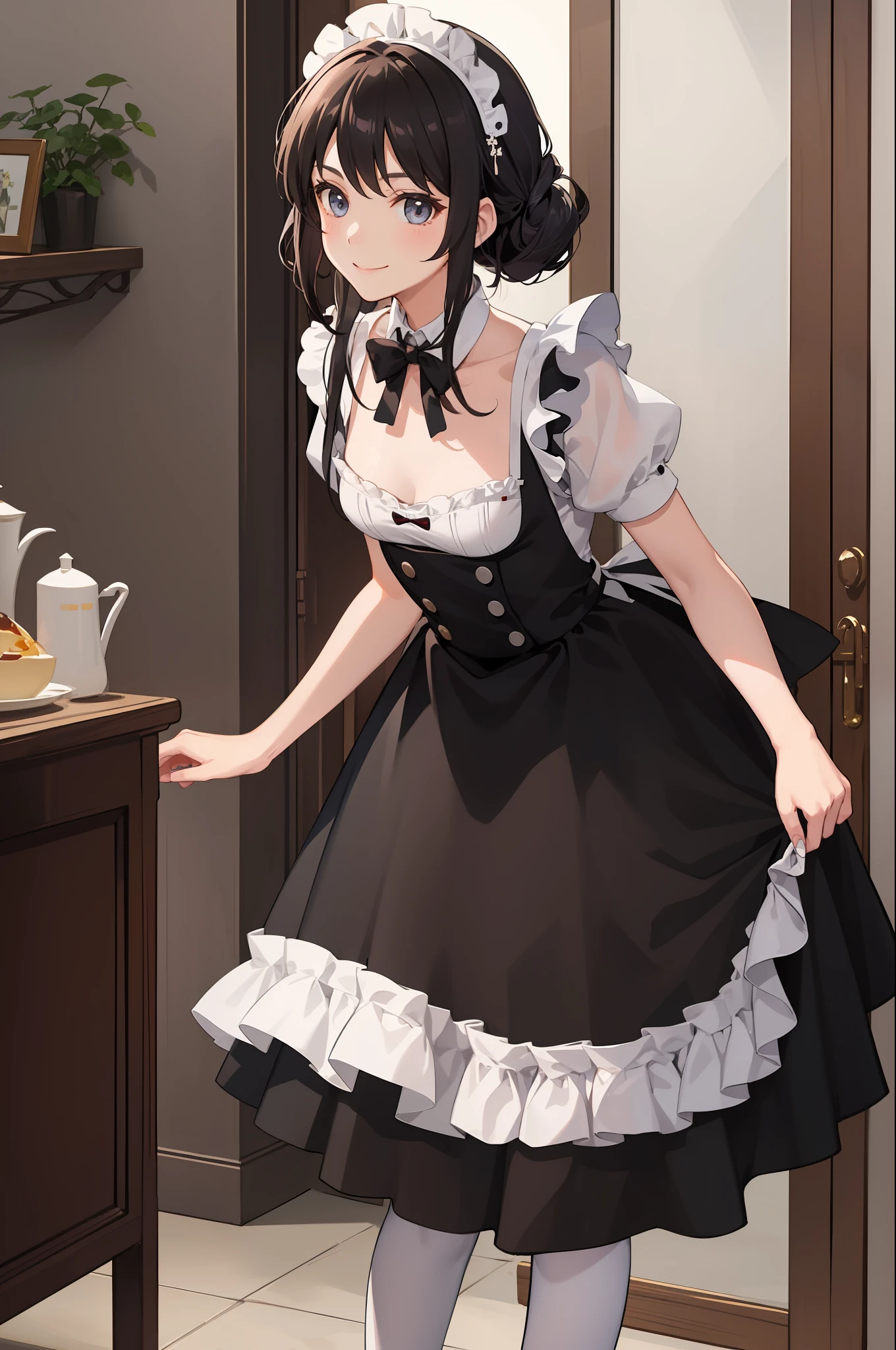 1girl in、A smile、A delightful、skirt by the、(small tits)Chilarism、doress、pinafore,,,,,,、Maids,,,,,,,,、hair adornments、movement、