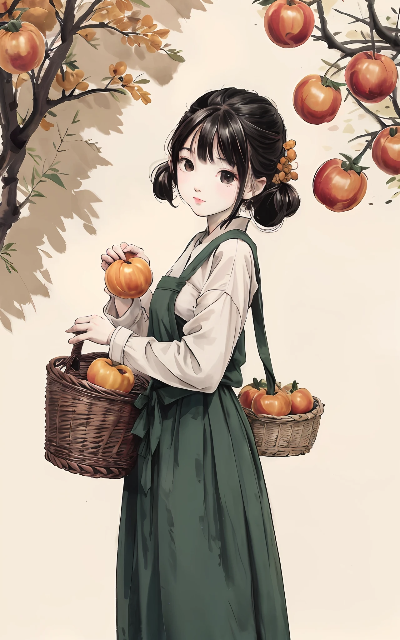 (Masterpiece, Best quality:1.2), Traditional Chinese Ink Painting,Chinese Gongbi Painting,Cute boy,autumnal,Pick persimmons,There is a basket of persimmons under the tree,A mischievous kitten