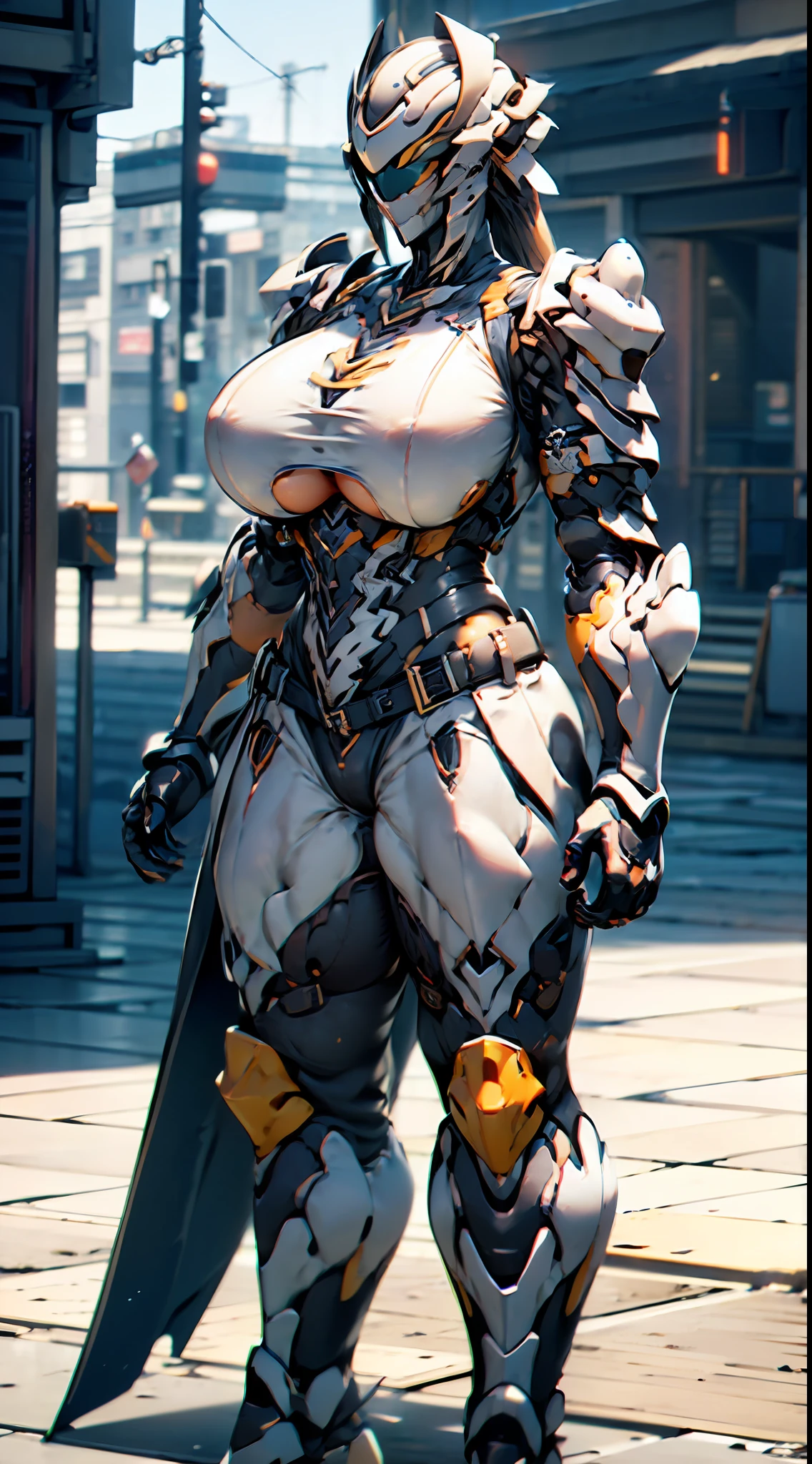 ((Unreal Engine 5)), Realistic Rendering, Excellent, Full armor, knight Cloak, helm, (Yoga hotpants), looking on camera, sexy posing walking down on street, beautiful face, makeup, CGImix, (photorealism:1.2), ultrarealistic uhd face, (huge fake boobs:1.4), (gigantic breasts:1.1), (muscle abs), (big butt), (wide hips), (thick thighs), slim waist, hourglass figure, half body, ((glowing skin)), ((shiny skin)), Realistic body, ((she is sexy body)), ((clean skin)), photorealistic, bokeh, motion blur, masterpiece, highres, 1080P, super detail, textured skin