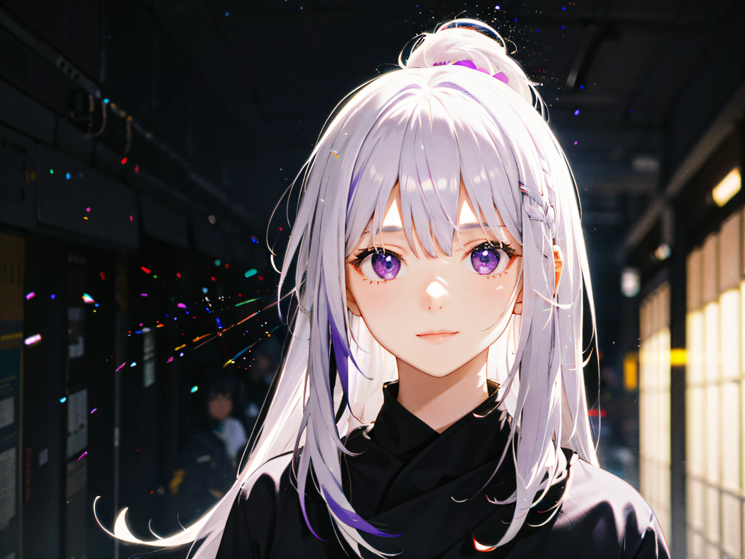 1girl, white hair, multicolored hair, purple eyes, mask on head, sidelighting, light particles, wallpaper,