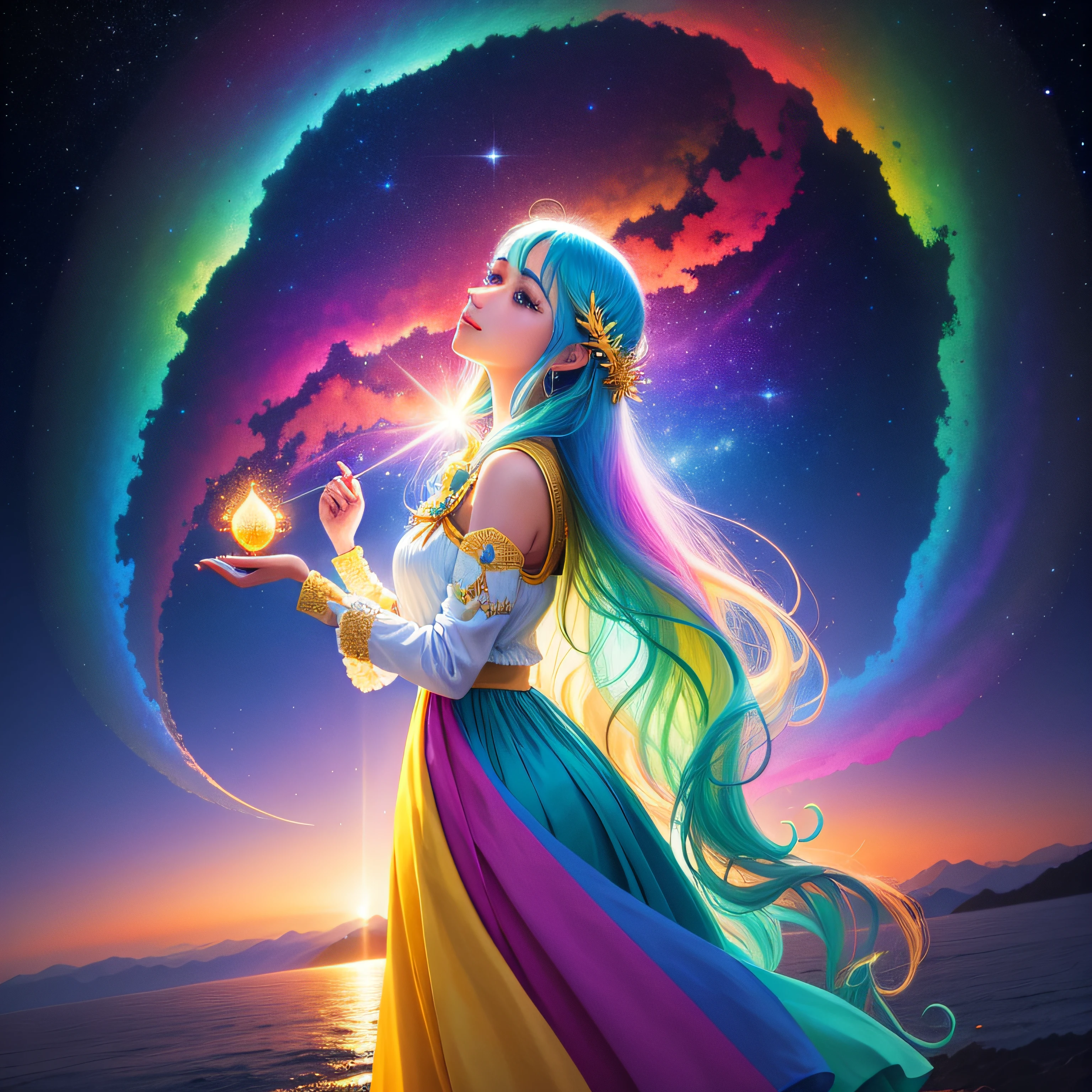 celestial scenery, encantado, luz divina, cores escuras contrastando