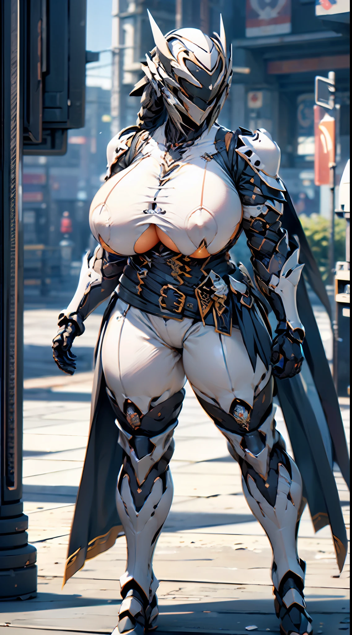 ((Unreal Engine 5)), Realistic Rendering, Excellent, Full armor, knight Cloak, helm, (Yoga hotpants), looking on camera, sexy posing walking down on street, beautiful face, makeup, CGImix, (photorealism:1.2), ultrarealistic uhd face, (huge fake boobs:1.4), (gigantic breasts:1.1), (muscle abs), (big butt), (wide hips), (thick thighs), slim waist, hourglass figure, half body, ((glowing skin)), ((shiny skin)), Realistic body, ((she is sexy body)), ((clean skin)), photorealistic, bokeh, motion blur, masterpiece, highres, 1080P, super detail, textured skin