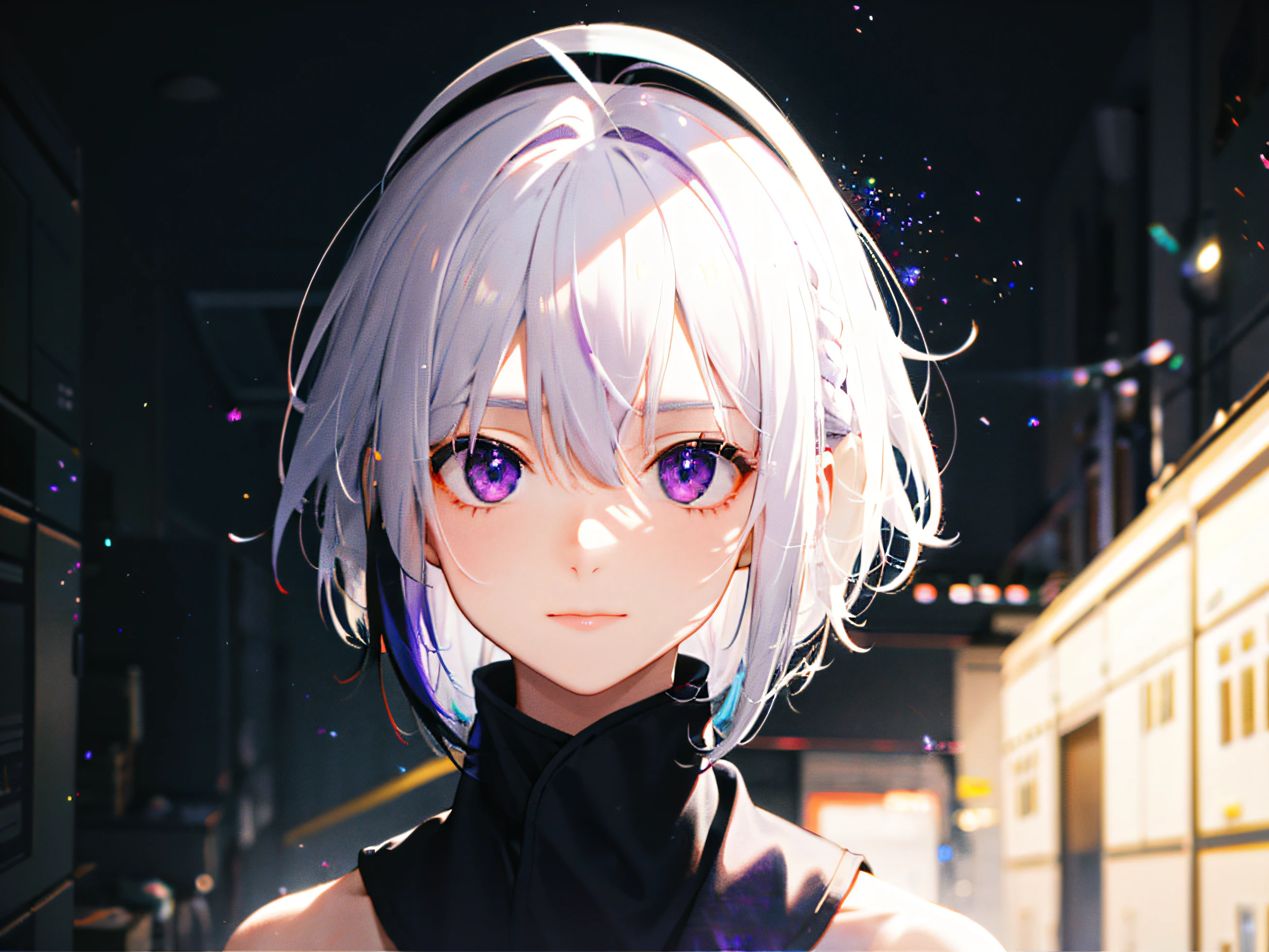 1girl, white hair, multicolored hair, purple eyes, mask on head, sidelighting, light particles, wallpaper,