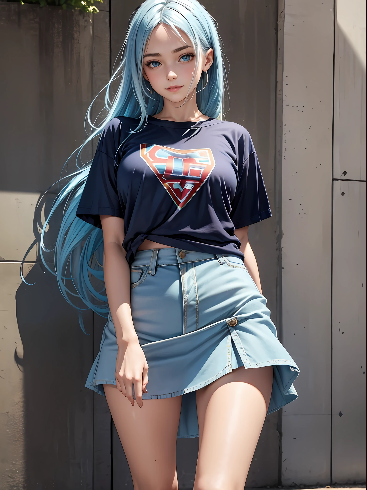NSFW, top-quality, intricate detailes, chromatic abberation, 1girl in, Dynamic Pose, Cinematic Angle, length hair, Blue Highlights, heterochromia iridis, Gentle smile, Oversized T-shirt, Super Super Mini Skirt, Pull up your skirt to show your panties, Cowboy Shots, wind lift, (oversize tshirt: 1.2 inch), Concrete walls, doodle, the street