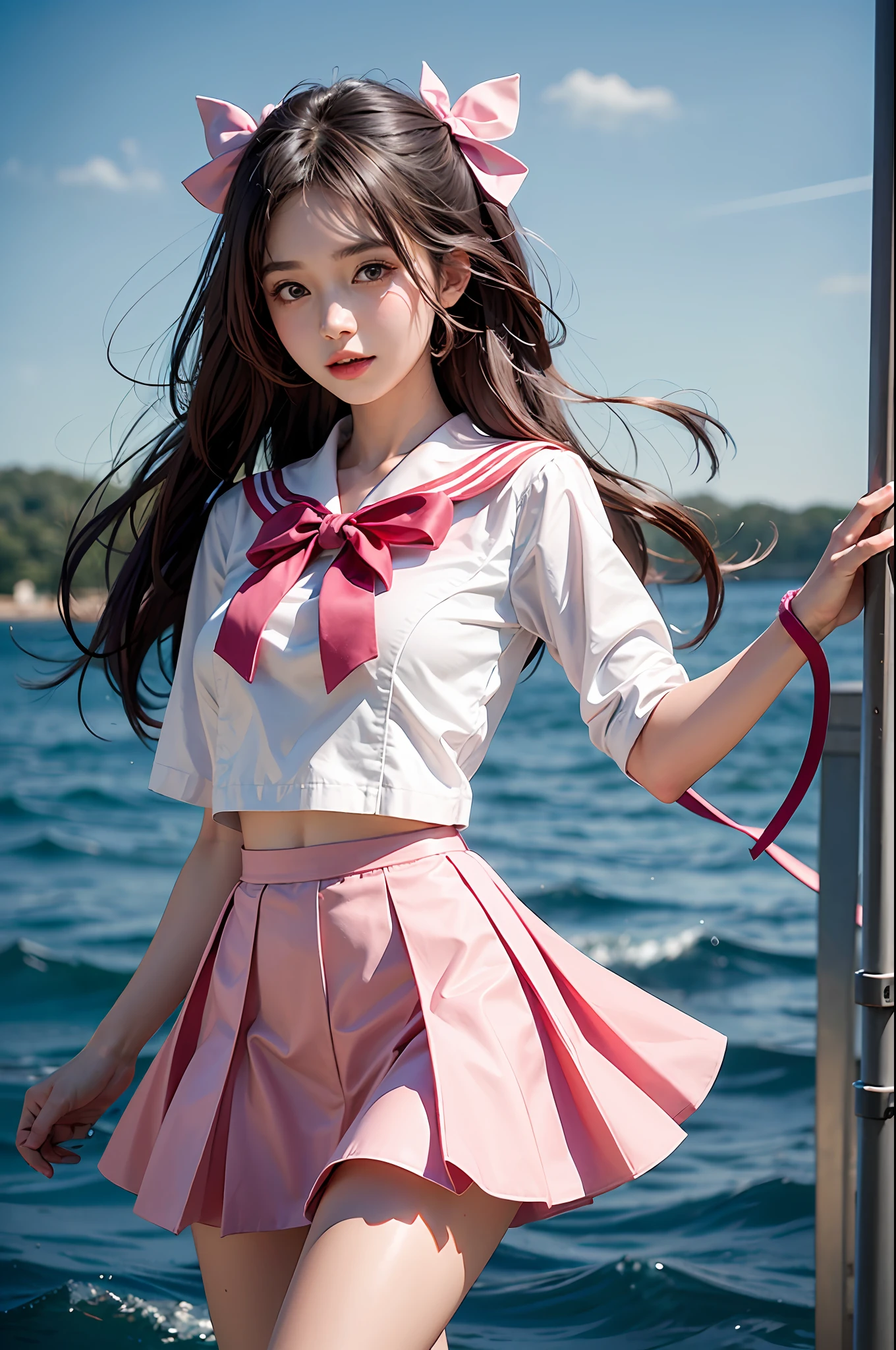 1girll,double tails,Colorful hair,Flying,White sailor suit and short skirt,pink bows,16-year-old female model,Side,
