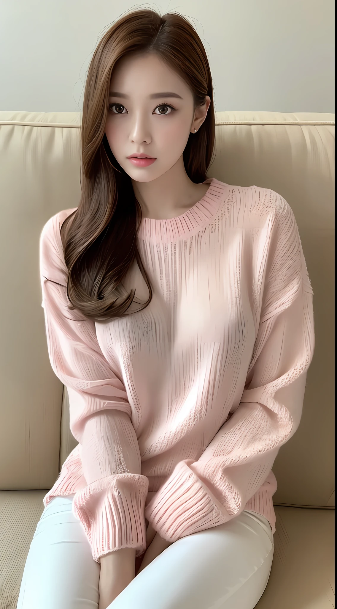 Cinematic photo, beauty 1 person: 1.2, pale pink sweater, white shirt, white pants, brown hair long, ultra detailed face, sitting on white sofa, background: sea resort