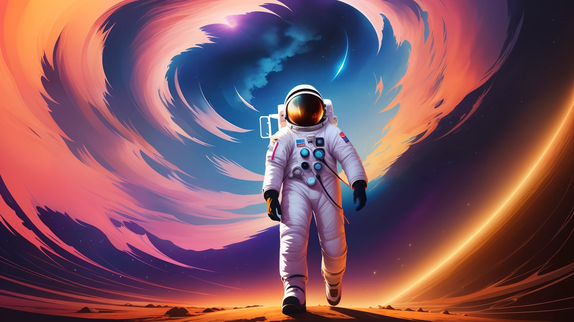 astronaut in outer space with glowing orange and blue clouds, stunning digital illustration, jen bartel, astronaut, detailed astronaut, space walk, space art, astronaut in space, beautiful digital artwork, sci-fi digital art illustration, astronaut lost in liminal space, futuristic astronaut, space walk scene, a beautiful artwork illustration, astronaut walking, inspired by Cyril Rolando