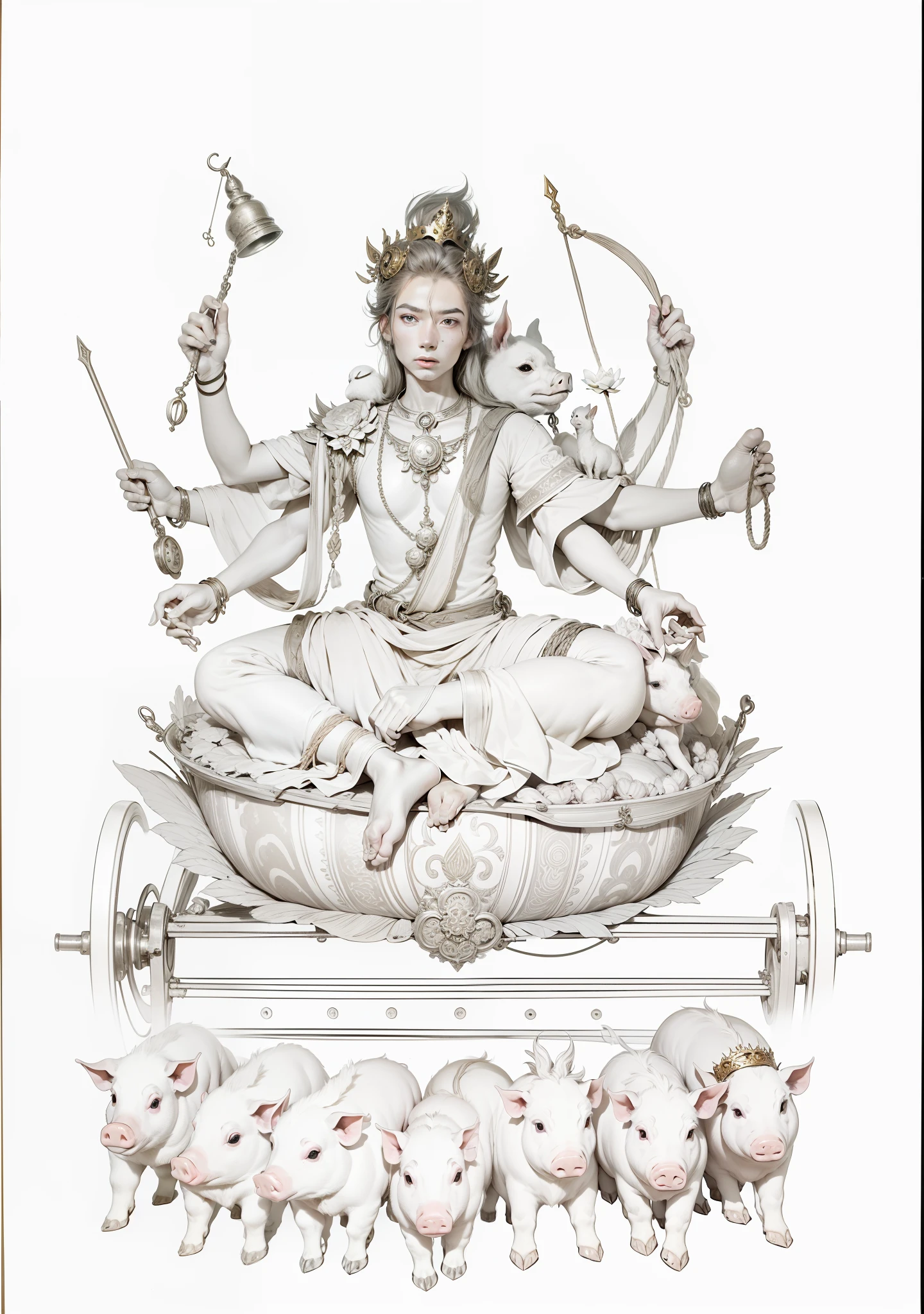 The fairy sits on a lotus,Wearing a golden crown on his head,There are lateral faces on either side of the middle head,Each of the eight arms holds a magic weapon,Barefoot on both feet,Ropes on the backs of seven piglets are tied to carts,The car has a left wheel and a right wheel,The background has a round light,Clear and clean sky,