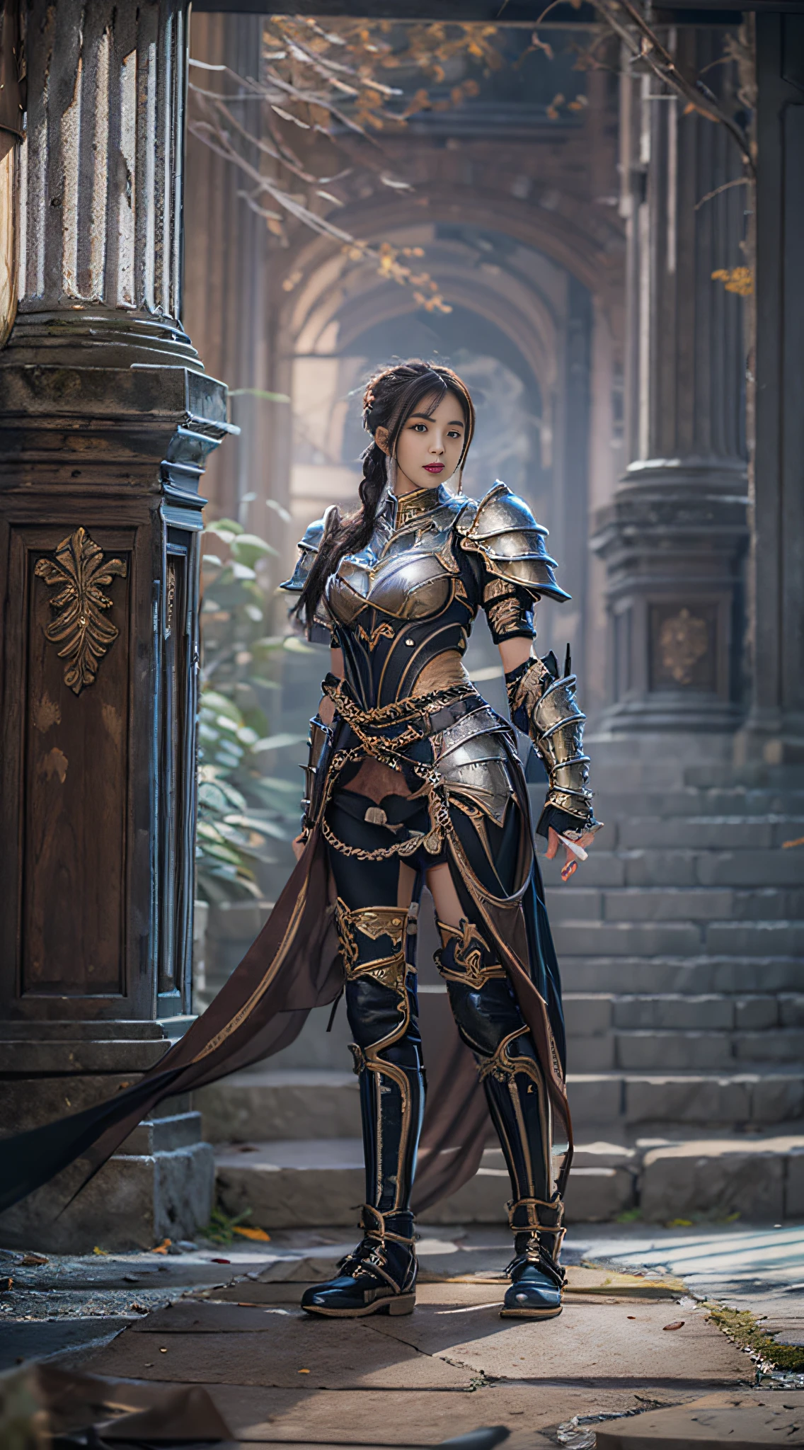 （8K，Best picture quality：1.2），（tmasterpiece：1.37），（photore，realisticlying：1.37），（超高分辨率）， [Chinese|Russian|Japanese|Korean]，A half body，Walking posture，Shooting from front，Slow motion，Female paladins dressed in full body，（Light silver armor：1.2），（Ornately decorated armor），（insanely details，blooms：1.5），（highest  quality，Alessandro Casagrande，greg rutkovsky，Sally Mann，concept-art，4K），（simulating：1.2），（High- sharpness），（detailedpupils：1.1），detailed faces and eyes， tmasterpiece， best qualtiy， （Highly detailed photo：1.1）， （longblackhair，pony tails，ecstasy：1.1）， （Young woman：1.1）， Sharp， （perfect bodies：1.1）， realisticlying， Real Shadow， 3D， （a temple background：1.2）， Cross your arms over your chest
photograph：Canan EOS R6， 135mm， 1/1250s， f/2.8， ISO 400