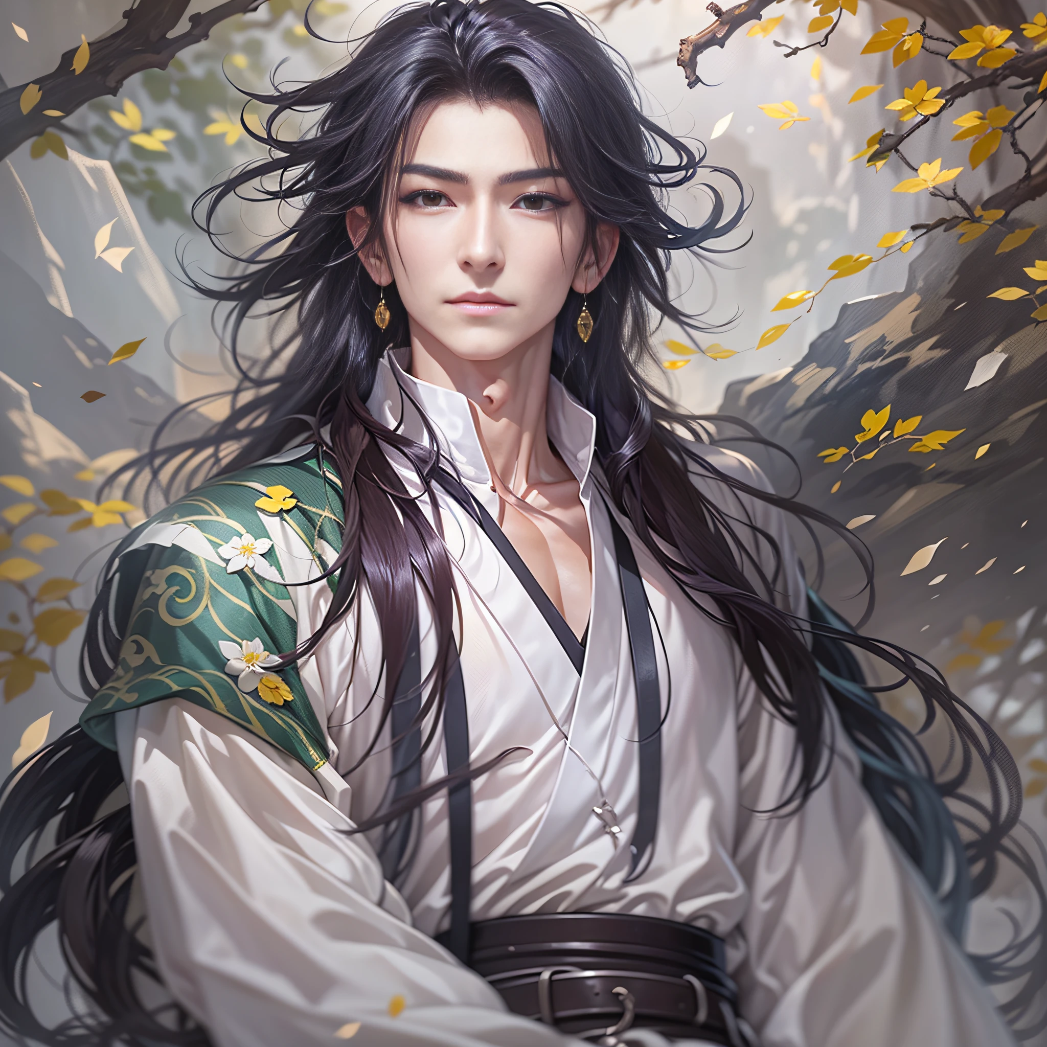 a close up of a person with long hair and a white shirt, handsome guy in demon slayer art, cai xukun, beautiful androgynous prince, inspired by Guan Daosheng, by Yang J, anime handsome man, heise jinyao, inspired by Zhang Han, zhao yun, inspired by Bian Shoumin, beautiful character painting, inspired by Zhao Yuan