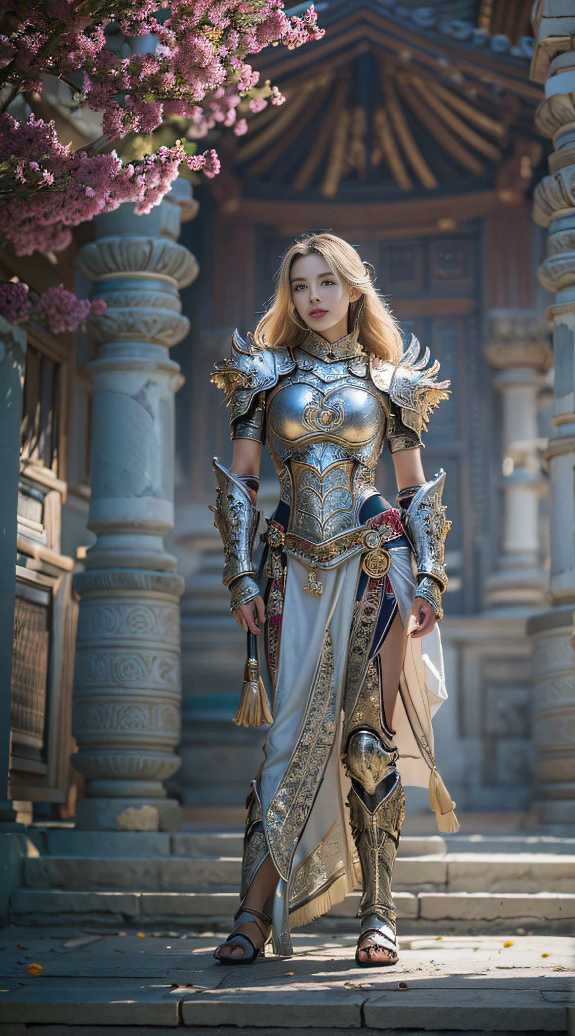 (8K, best quality:1.2), (masterpiece:1.37), (photo, photorealistic:1.37), (ultrahigh-res), half body, walking pose, shot from front, slow motion, female paladin wearing the full body, (light silver armour:1.2),(ornately decorated armor), (insanely detailed, bloom:1.5), (highest quality, Alessandro Casagrande, Greg Rutkowski, Sally Mann, concept art, 4k), (analog:1.2), (high sharpness), (detailed pupils:1.1), detailed face and eyes, Masterpiece, best quality, (highly detailed photo:1.1), (long blonde Hair, ponytail,ecstatic:1.1), (young woman:1.1), sharp, (perfect body:1.1), realistic, real shadow, 3d, (temple background:1.2), arms crossed over the chest
photographed by Canan EOS R6, 135mm, 1/1250s, f/2.8, ISO 400