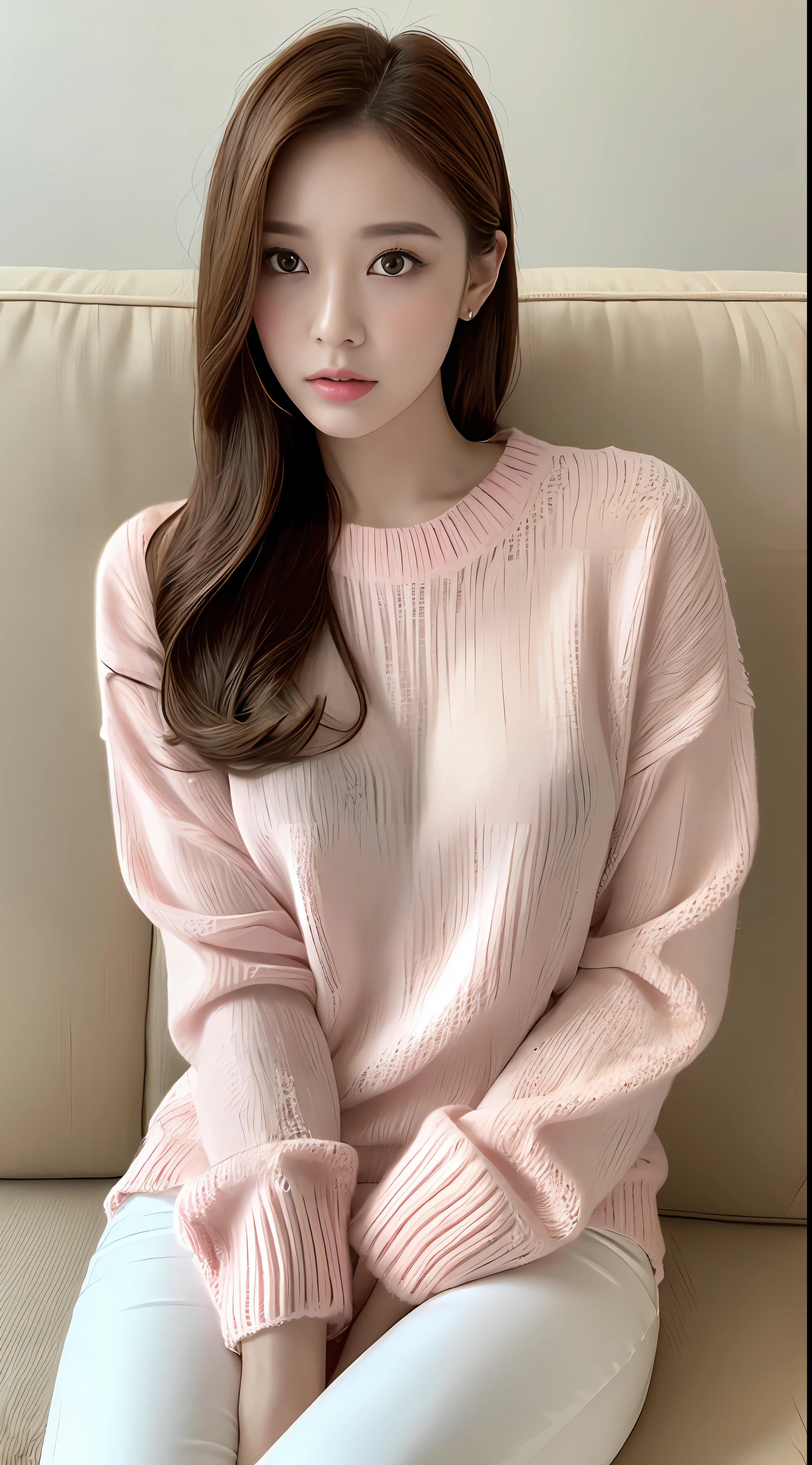 Cinematic photo, beauty 1 person: 1.2, pale pink sweater, white shirt, white pants, brown hair long, ultra detailed face, sitting on white sofa, background: sea resort