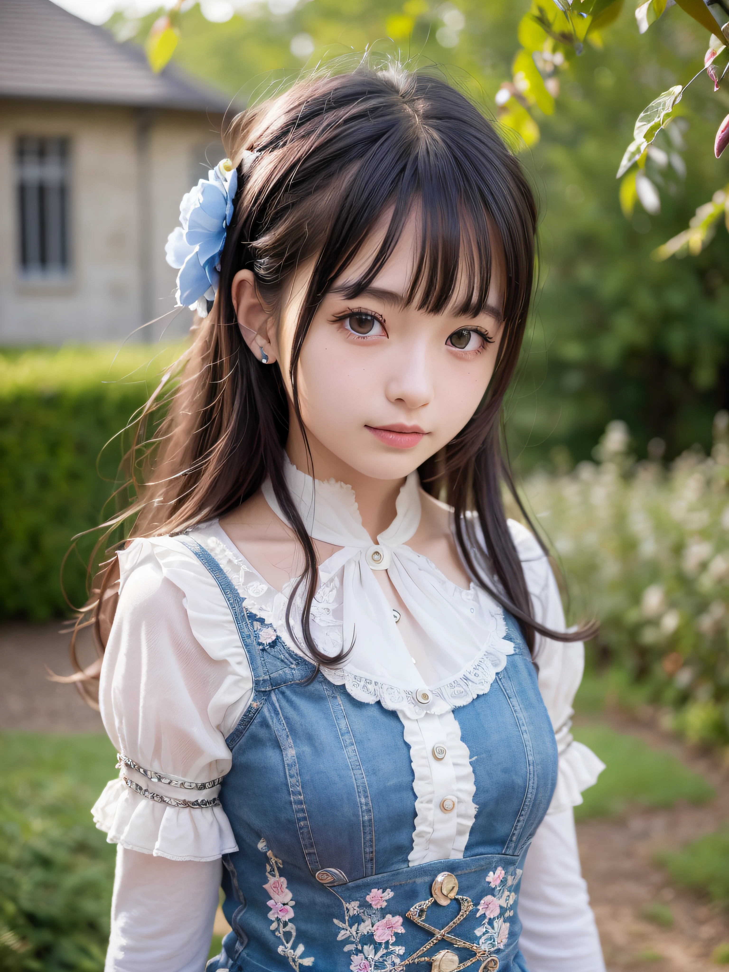 (realistic, photo realistic:1.37), incredibly absurdres, (insanely detailed:1.3), 16k, (masterpiece), (best quality:1.4), (ultra high res:1.2), 1 nogizaka girl, utterly cute, (bishojo:1.35), (:1.4), ((alice and the pirates fashion)), detailed beautiful dress, hair accessory with blue rose, detailed beautiful face and eyes and skin, detailed black shine hair, full body, perfect anatomy, smile at the camera, professional lighting, petit trianon garden and farmhouse, view a village and lake, ultra detailed background