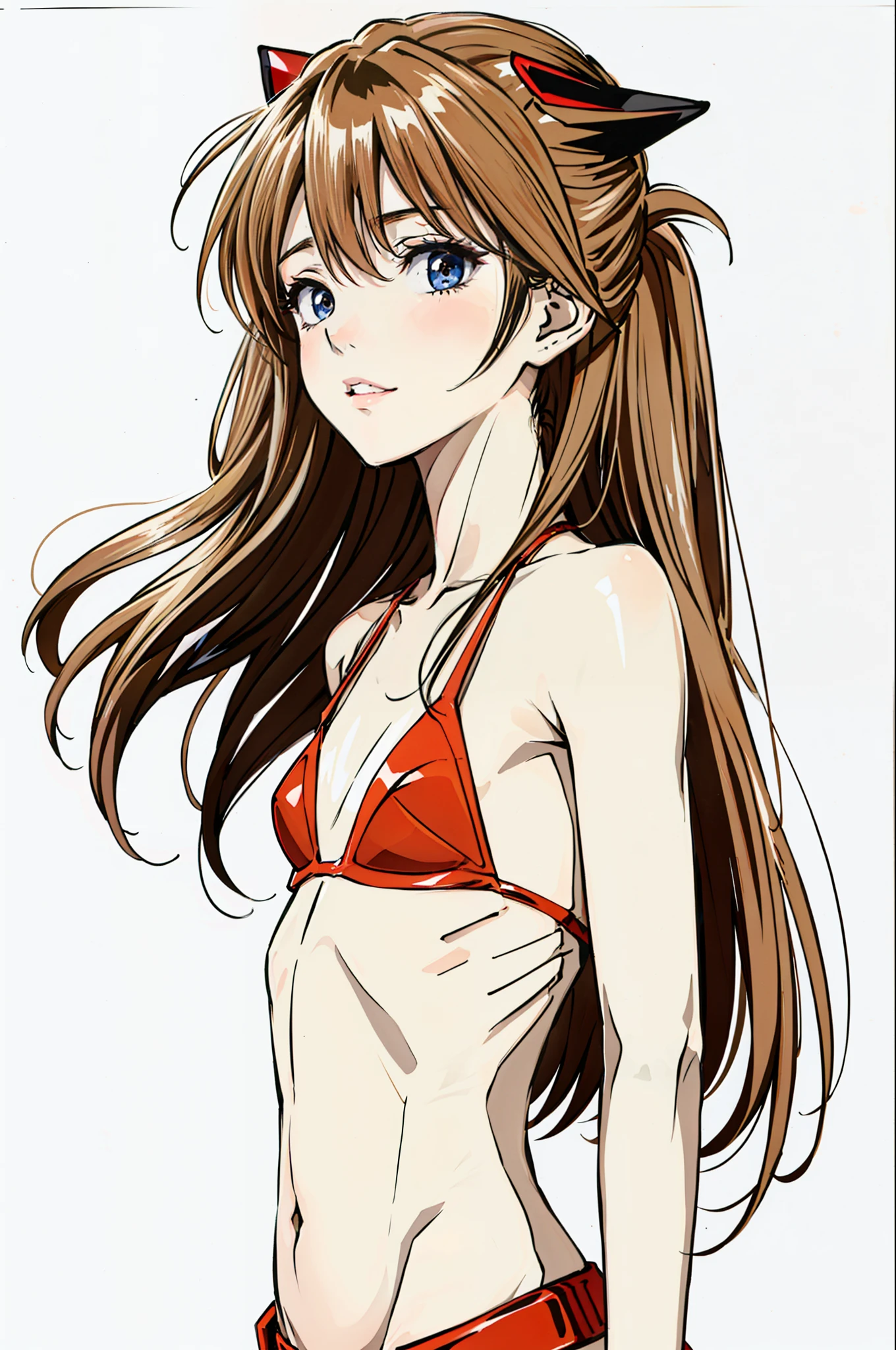 foto retrato de ((Asuka Langley en cuerpo entero)), (((beautiful asuka langley anorexic))), ((muy flaca en bikini)), (((huesos y costillas visibles))), ((small flat breasts)), ((very small waist)), piernas delgadas, ((rostro hermoso)), ((vista de perfil cuerpo entero)), (((concave abdomen))), ((Asuka  Langley muy muy flaca)), ((fondo blanco)). ((cabello al viento)).