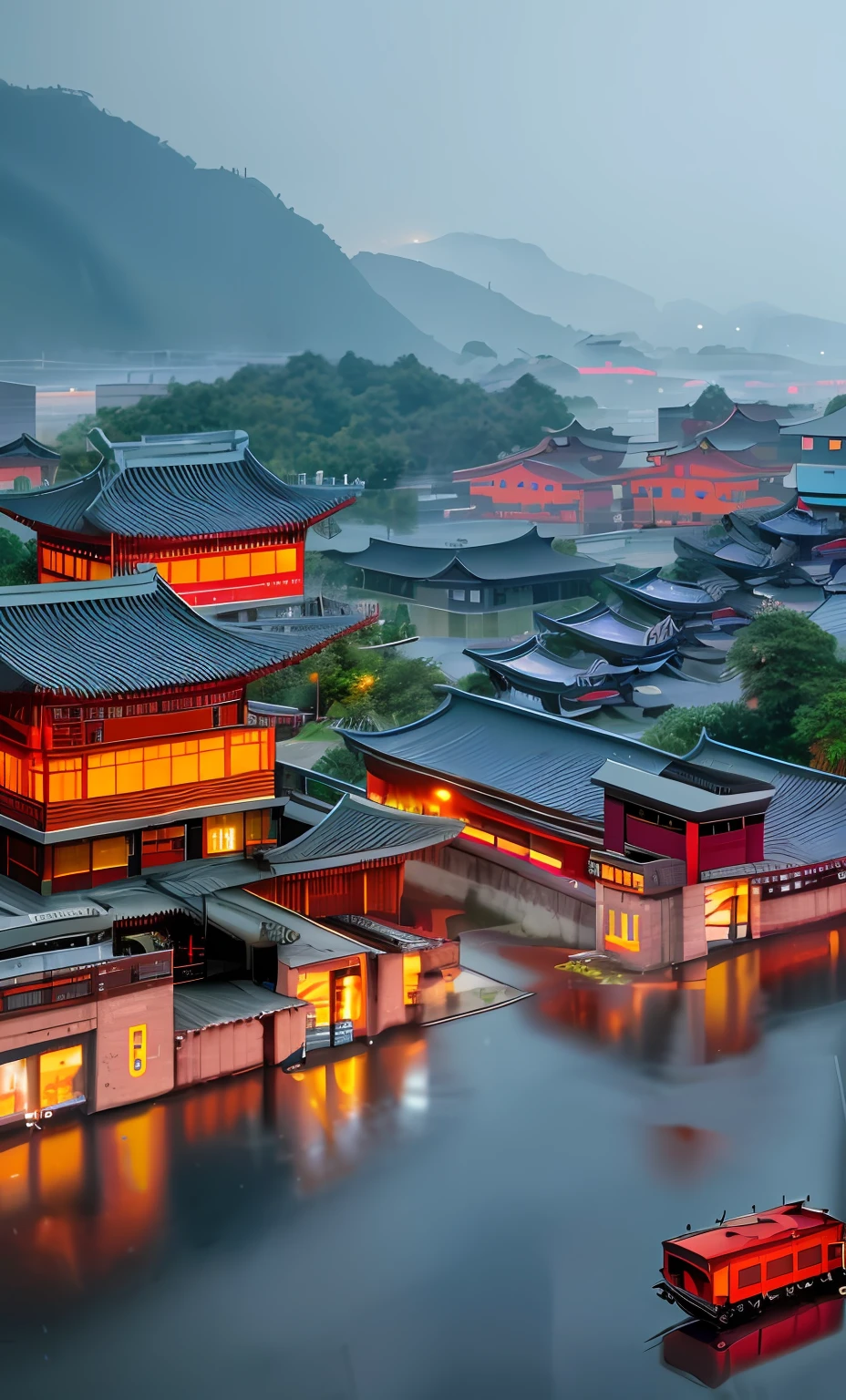 Fantastic complex of Chinese buildings，Industrial parks，The style is a wallpaper that blends new Chinese architecture and cyberpunk elements，View of the industrial park on a rainy night，Modern complex，Beautifully designed、Beautifully lit building，Beautiful artistic sense in the evening in the rain，8K high-detail photography photos，It shows the scene of rain flying，Surrounded by currents，The height of the multi-storey building reaches 24 meters，modern，overhead photography，It has an ultra-high-definition feel，Trucking，Logistics and transportation