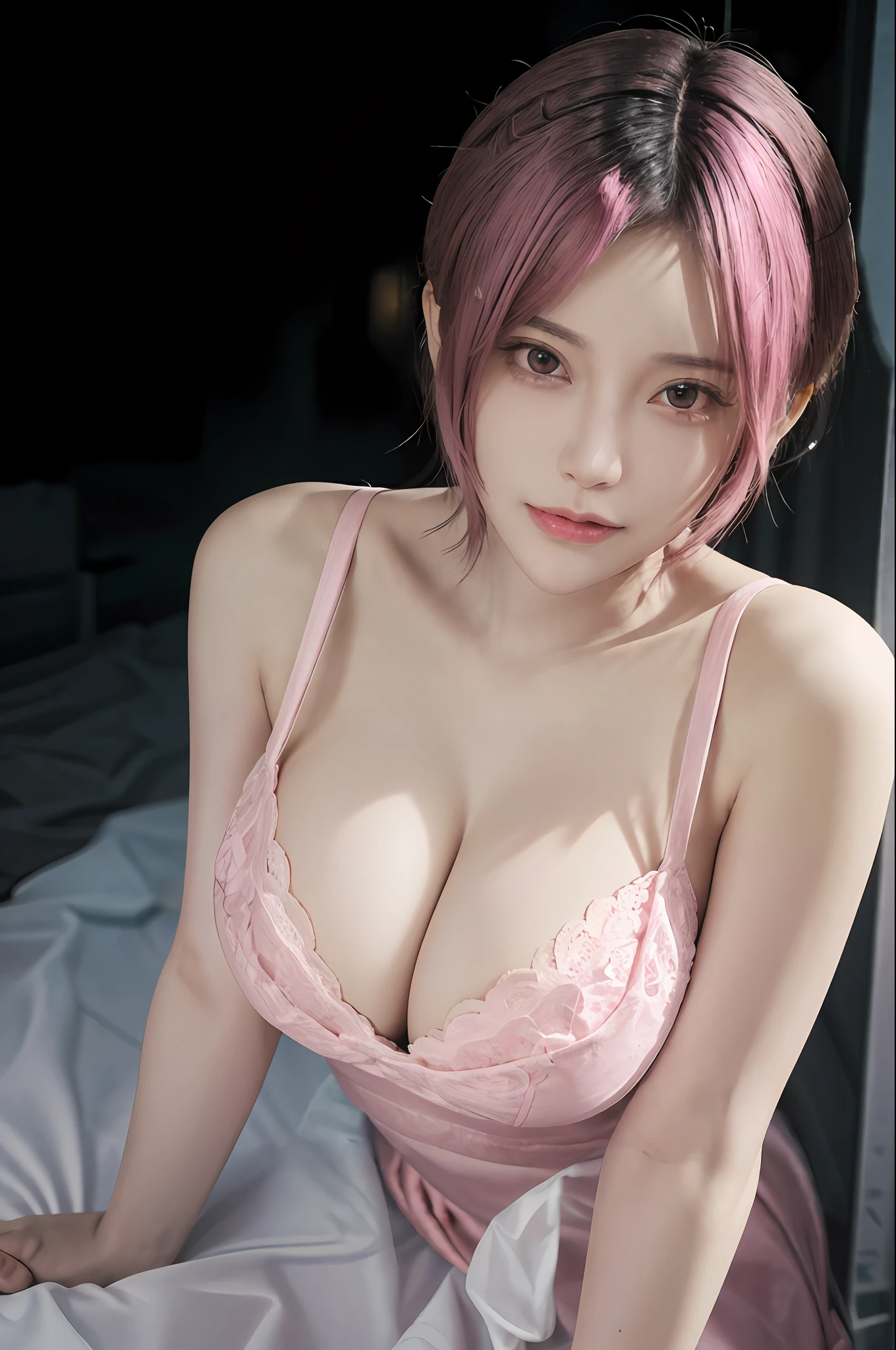 (masterpiece:1.3), (8k, photorealistic, RAW photo, best quality: 1.4), (1girl), beautiful face, (realistic face), (pink hair, short hair:1.3), (huge breast), beautiful hairstyle, realistic eyes, beautiful detailed eyes, (realistic skin), beautiful skin, red eyes, (sexy dress), (lace dress), (transparent dress), absurdres, attractive, ultra high res, ultra realistic, highly detailed, golden ratio